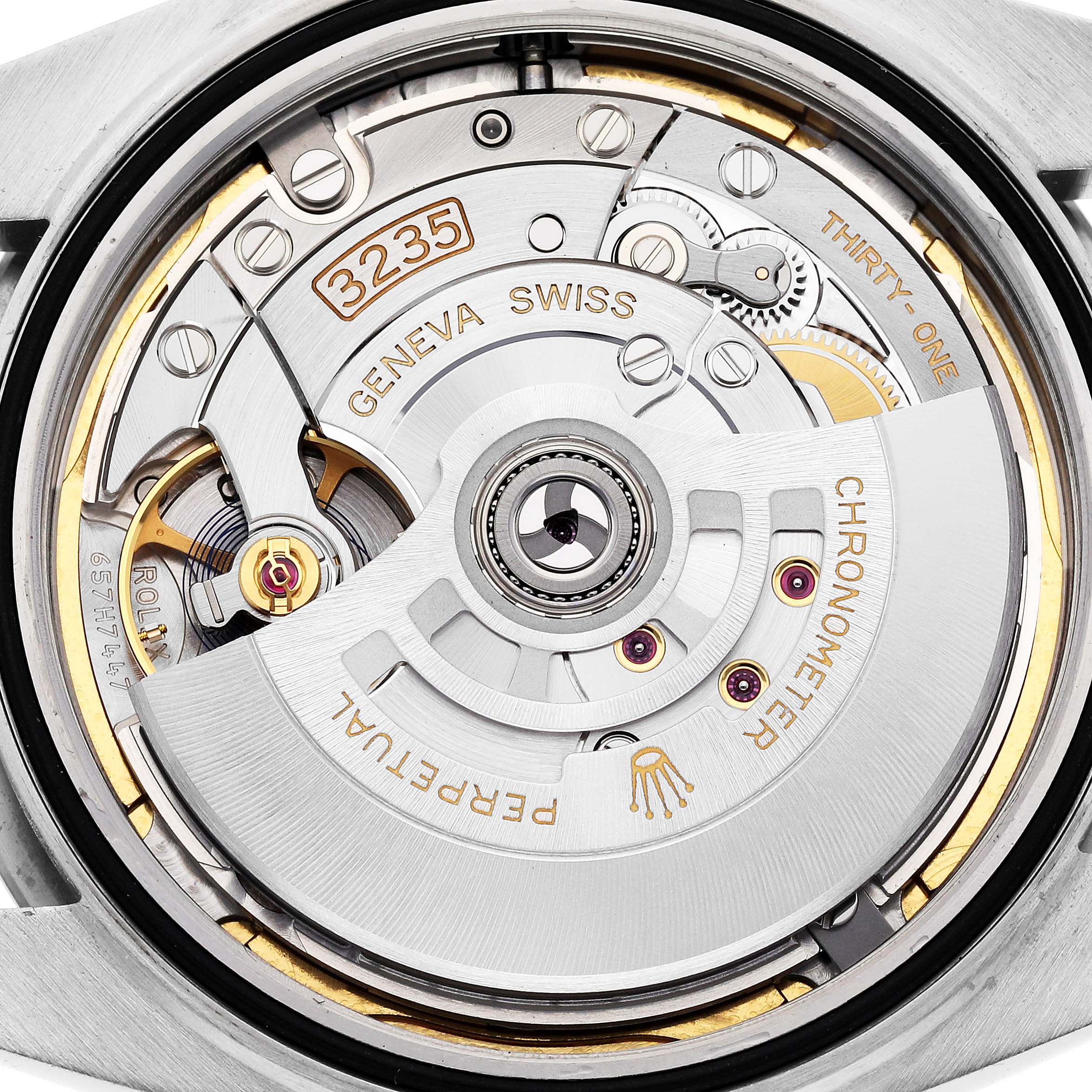 This image shows the intricate movement and internal mechanism of the Rolex Datejust 41 126334 Men's Stainless Steel Blue Dial 126334 Men's Stainless Steel Blue Dial watch, viewed from a close-up angle.