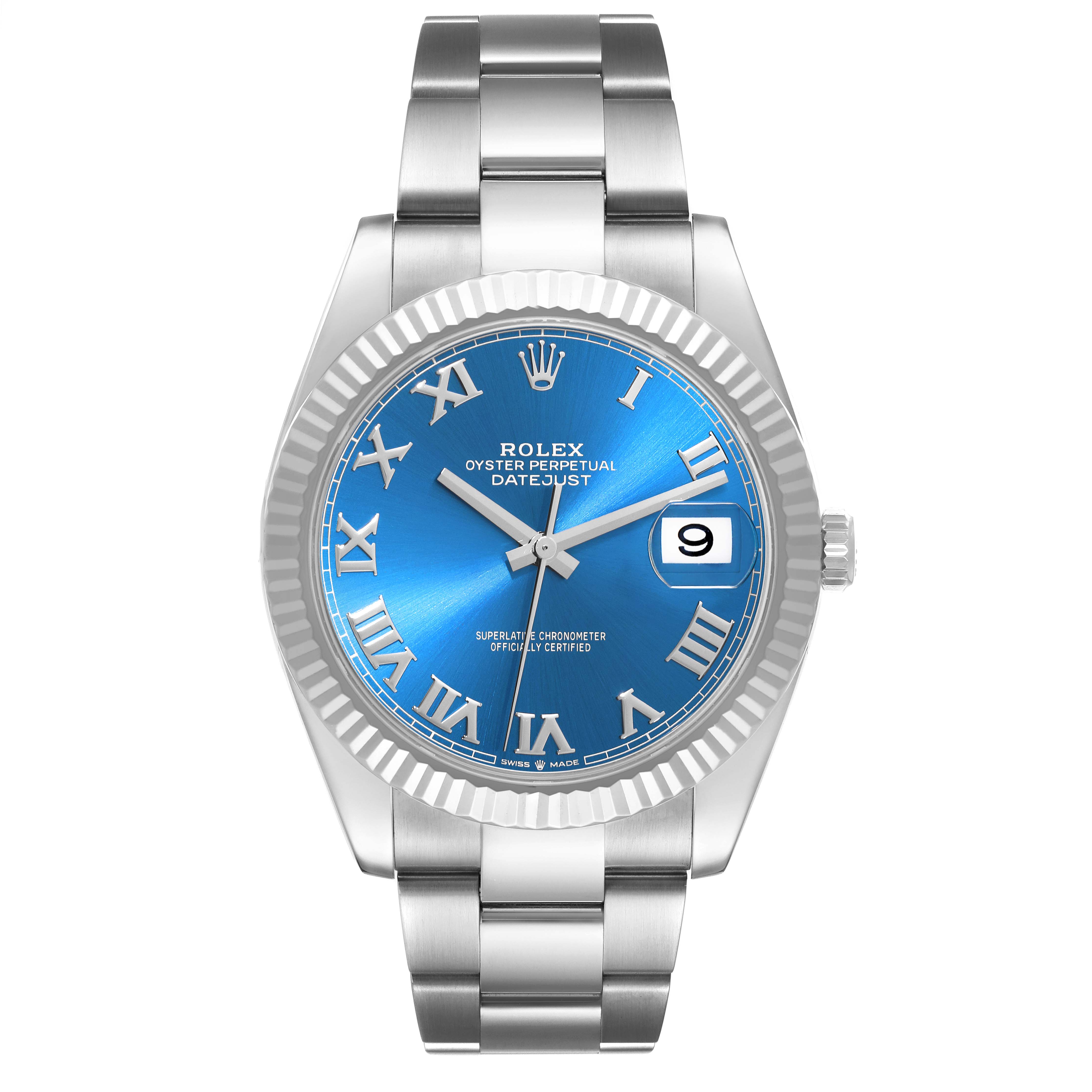 The image shows a front view of a Rolex Datejust 41 126334 Men's Stainless Steel Blue Dial 126334 Men's Stainless Steel Blue Dial watch with a blue dial and Roman numeral markers.