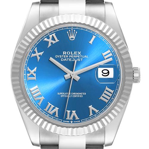 The image shows a front view of the Rolex Datejust 41 watch with a blue dial, Roman numerals, and a fluted bezel.