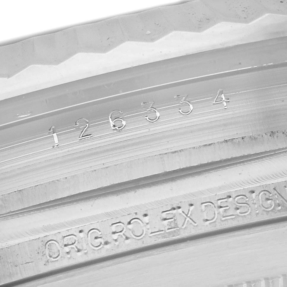 The image shows a close-up view of the caseback engraving on a Rolex Datejust 41 126334 Men's Stainless Steel Blue Dial 126334 Men's Stainless Steel Blue Dial watch.