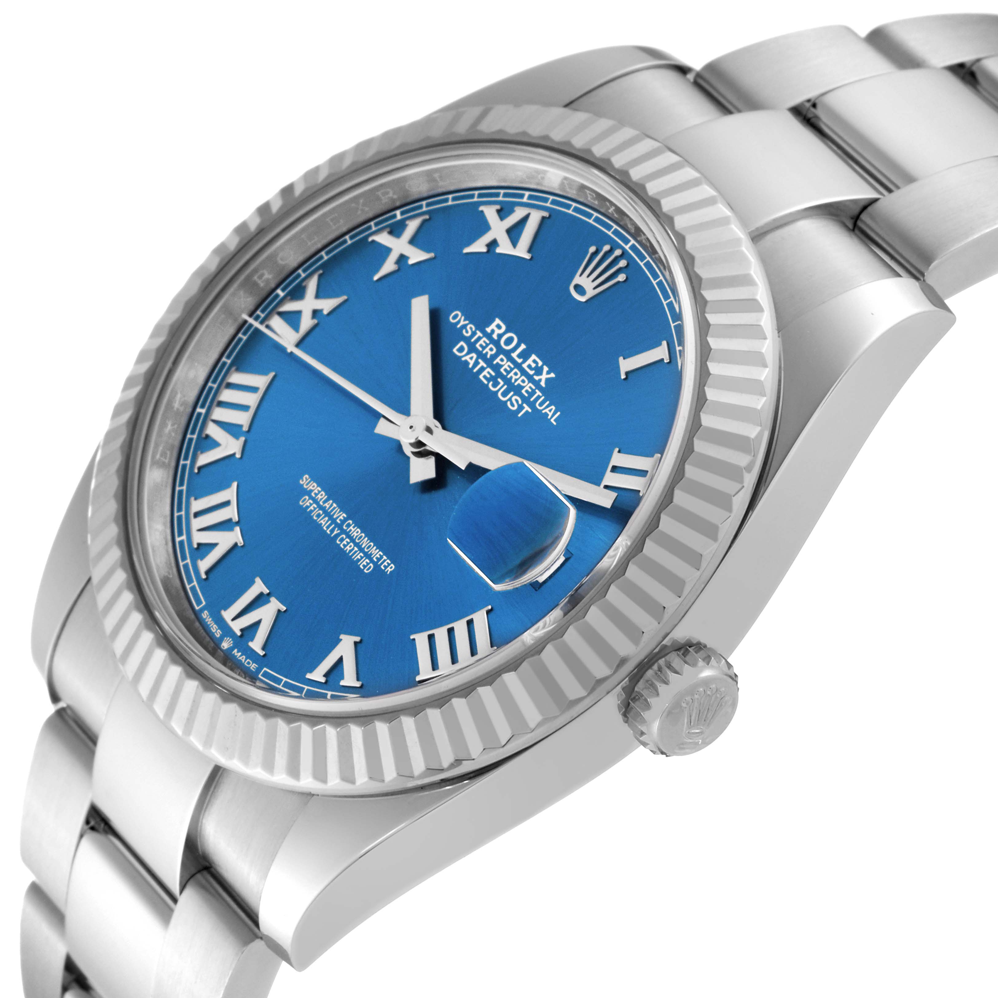 This image shows a side angle of the Rolex Datejust 41 126334 Men's Stainless Steel Blue Dial 126334 Men's Stainless Steel Blue Dial watch, highlighting its blue dial, fluted bezel, crown, and part of the bracelet.