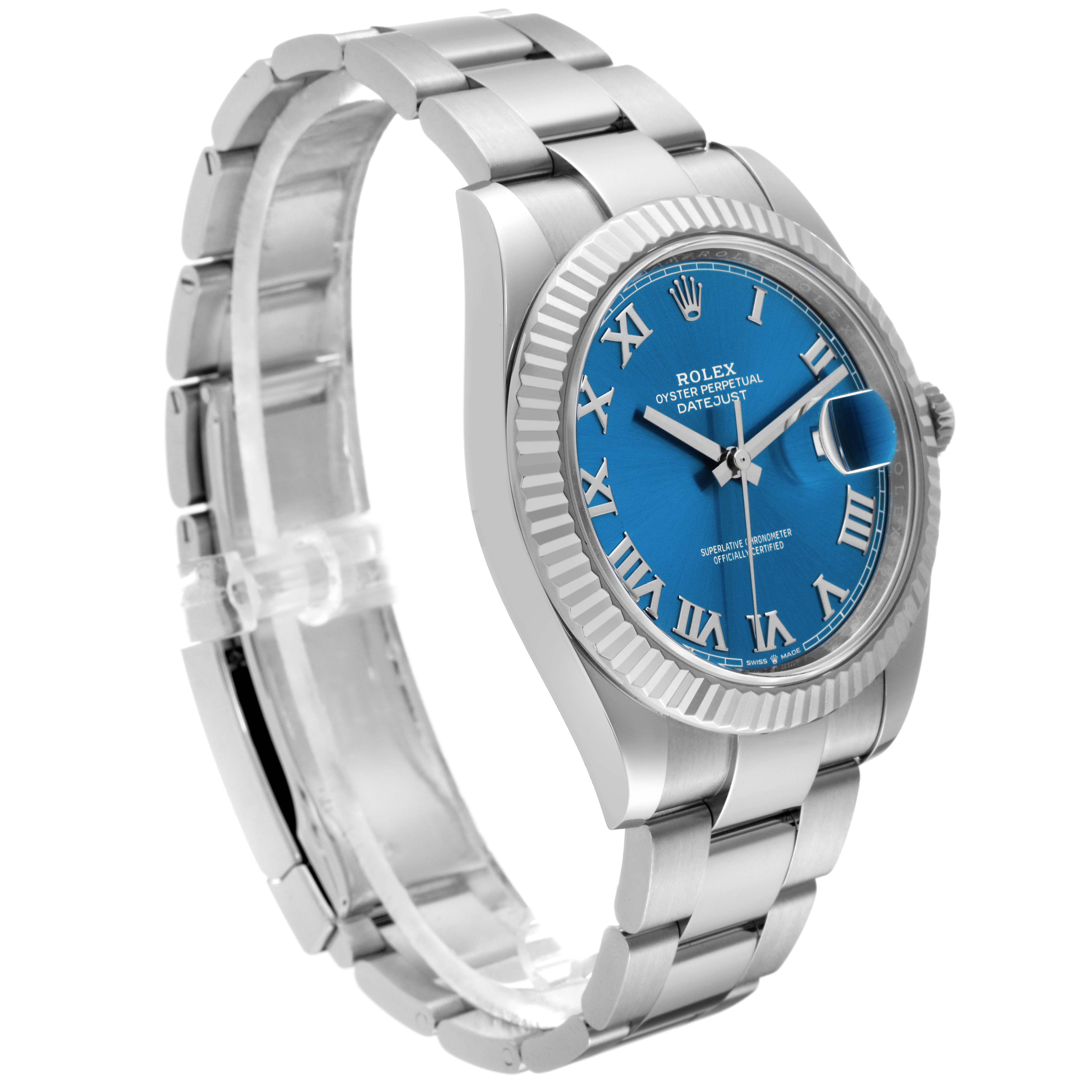 The image shows a Rolex Datejust 41 126334 Men's Stainless Steel Blue Dial 126334 Men's Stainless Steel Blue Dial watch from a side angle, displaying the bracelet, case, and blue dial.