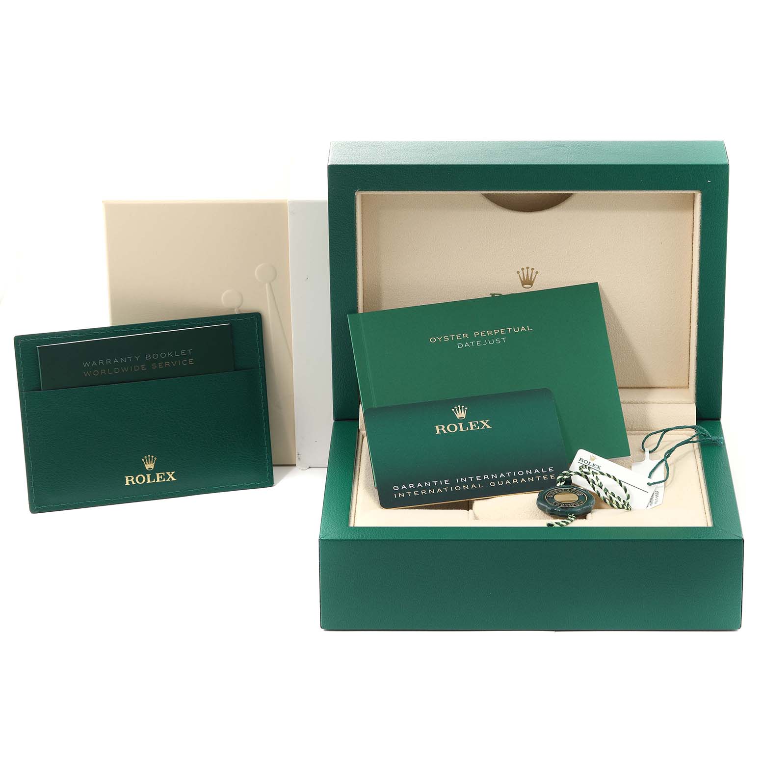 The image shows the Rolex Datejust 41 126334 Men's Stainless Steel Blue Dial 126334 Men's Stainless Steel Blue Dial packaging, including the watch box, warranty booklet, and tags at an angle showcasing all contents.