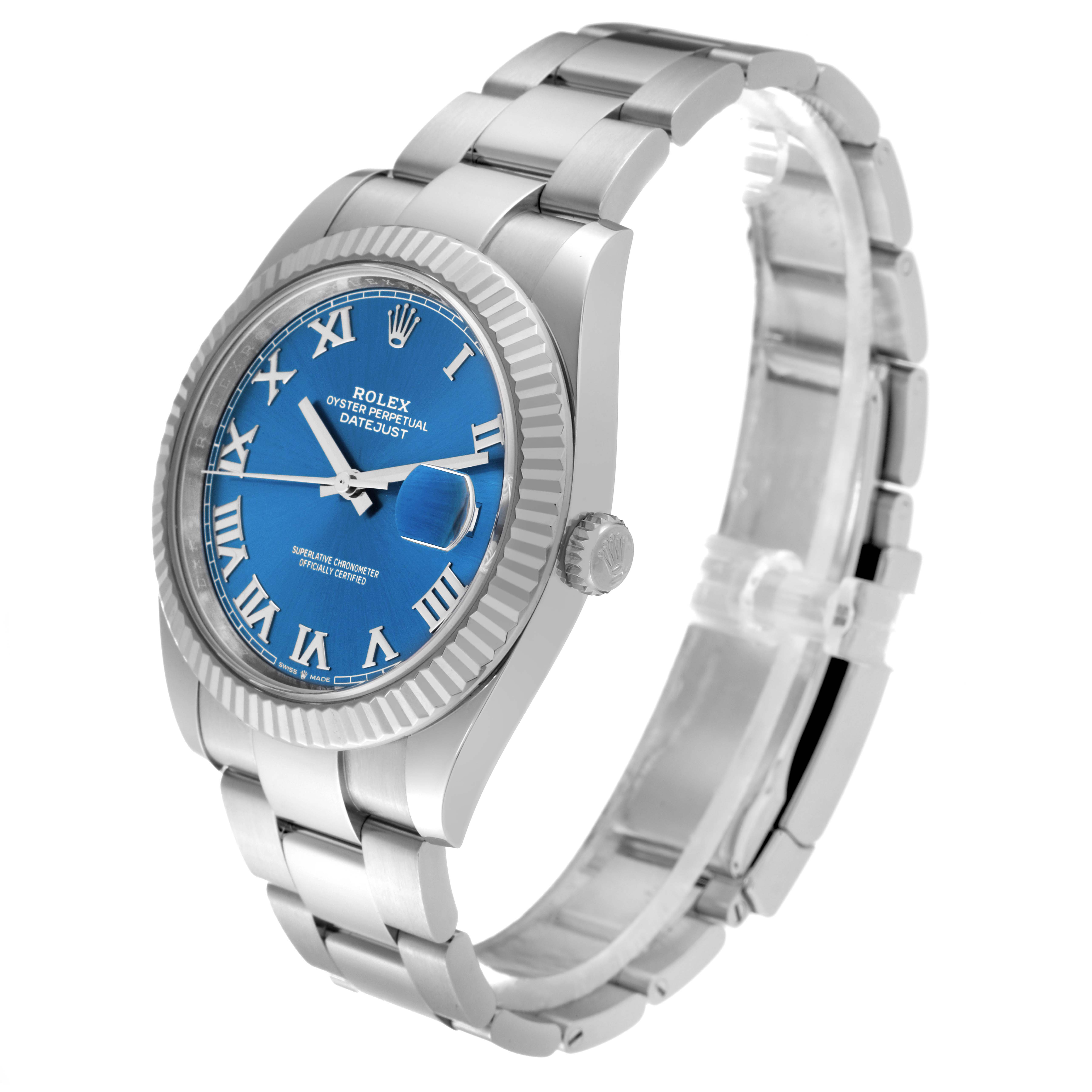 The Rolex Datejust 41 126334 Men's Stainless Steel Blue Dial 126334 Men's Stainless Steel Blue Dial watch is shown at an angle highlighting its face, bezel, crown, and bracelet.