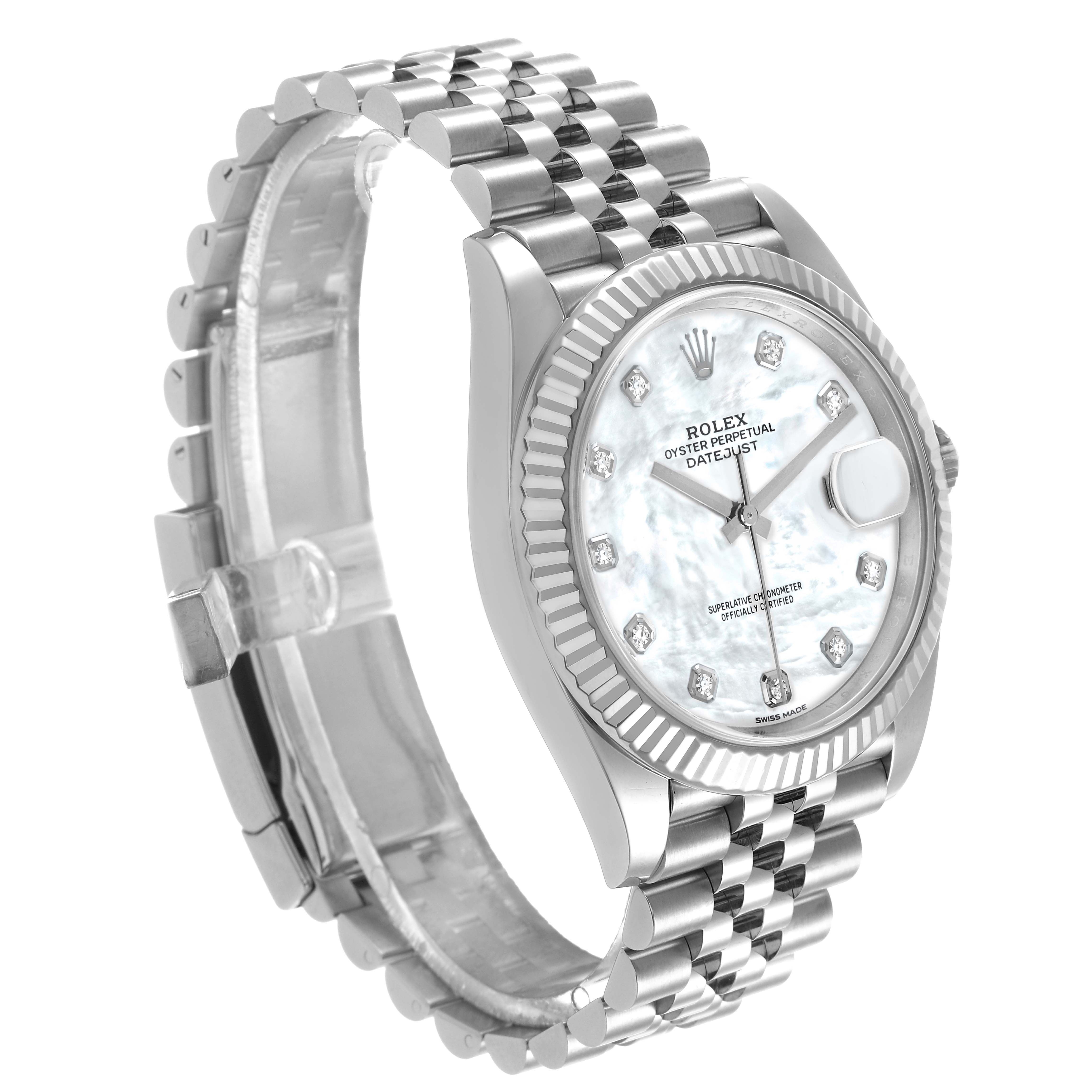The image shows a side angle of the Rolex Datejust 41 126334 Men's Stainless Steel Mother of Pearl Dial, highlighting the dial, bezel, and part of the bracelet.