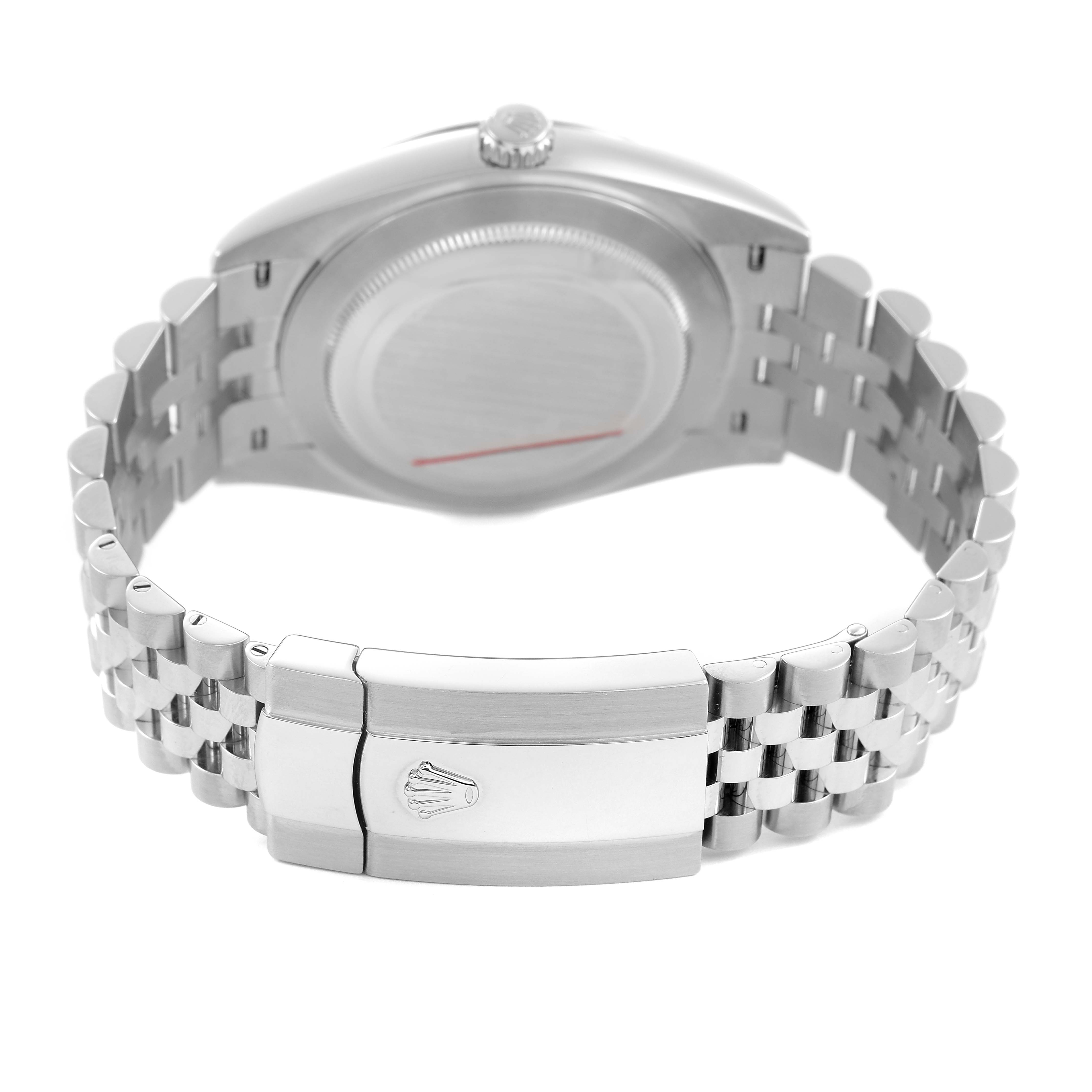The Rolex Datejust 41 126334 Men's Stainless Steel Mother of Pearl Dial is shown from the back, highlighting the bracelet and clasp with the crown logo.