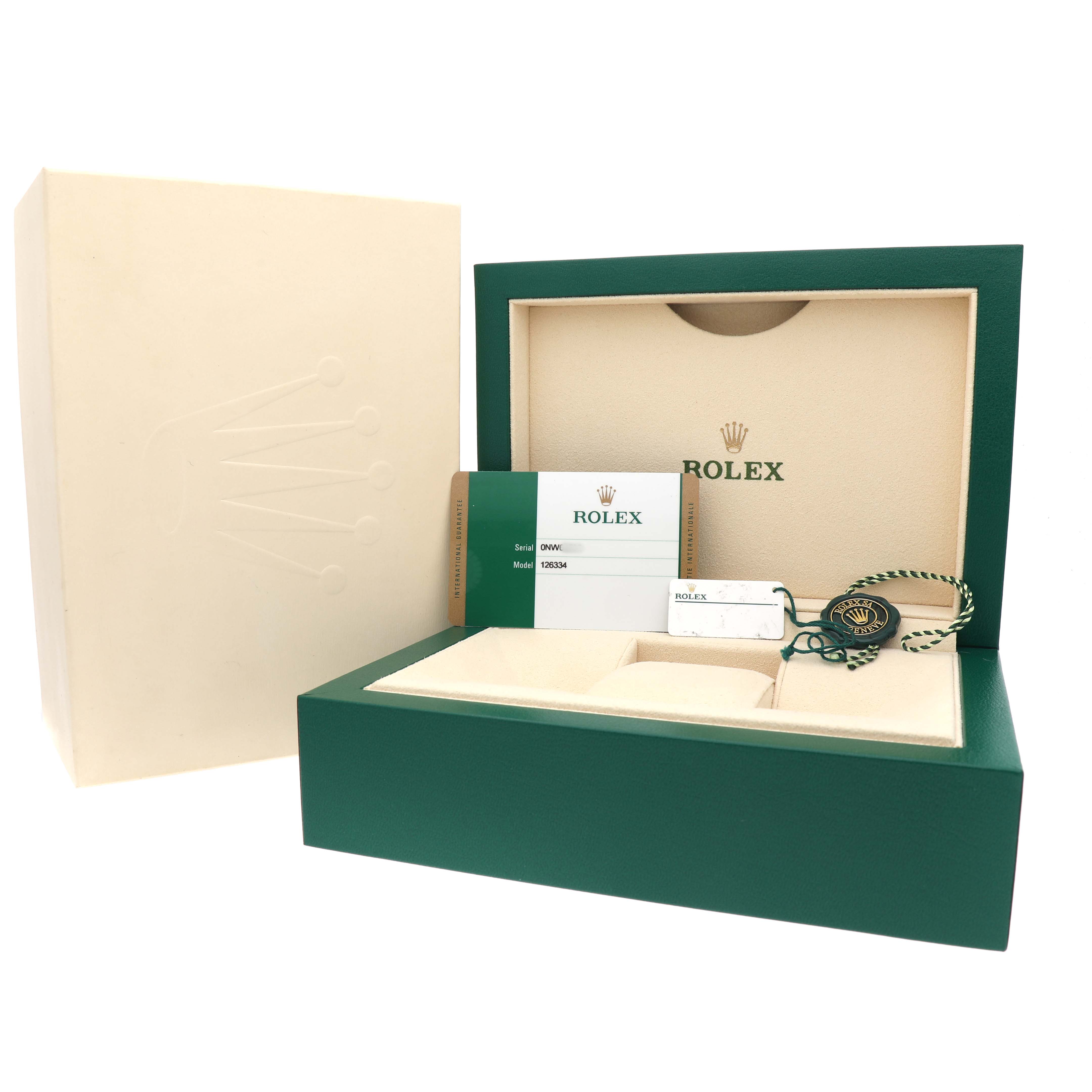 The image shows the packaging and accessories for the Rolex Datejust 41 126334 Men's Stainless Steel Mother of Pearl Dial, including the box, authenticity card, and tags.