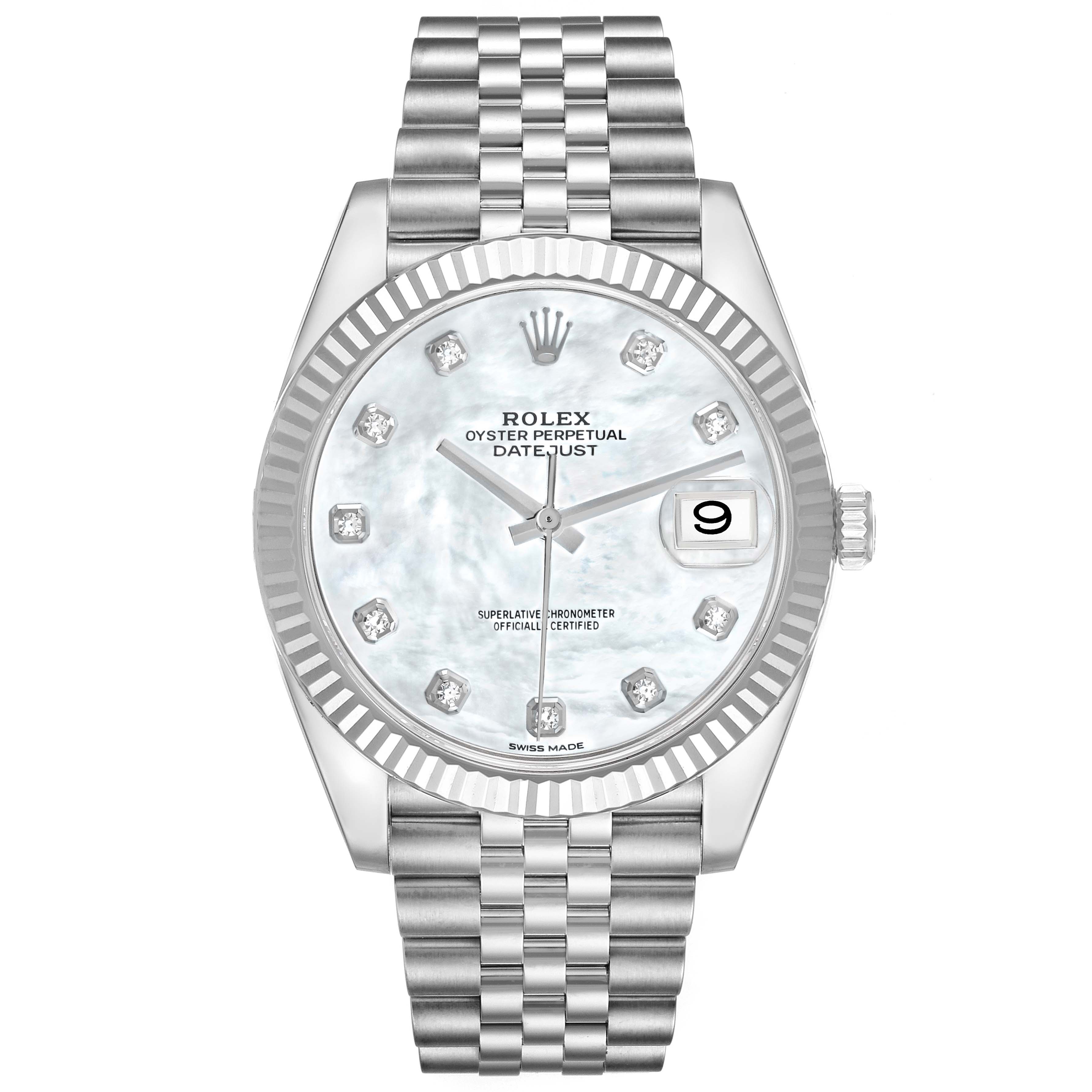 The Rolex Datejust 41 126334 Men's Stainless Steel Mother of Pearl Dial is shown from the front, highlighting the dial, bezel, and bracelet.