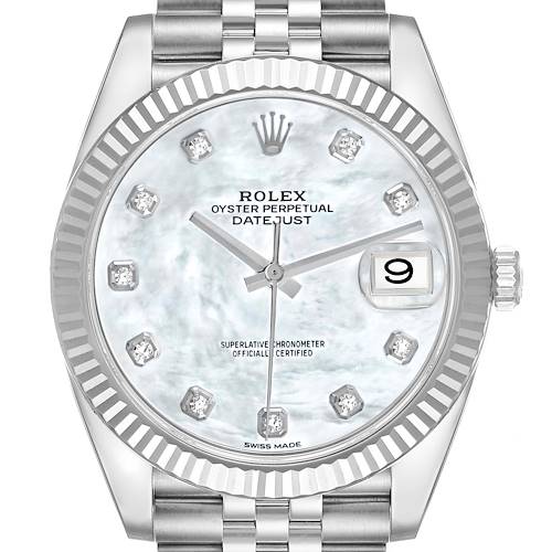 The Rolex Datejust 41 126334 Men's Stainless Steel Mother of Pearl Dial is shown from the front, highlighting the dial, hands, markers, bezel, and part of the bracelet.