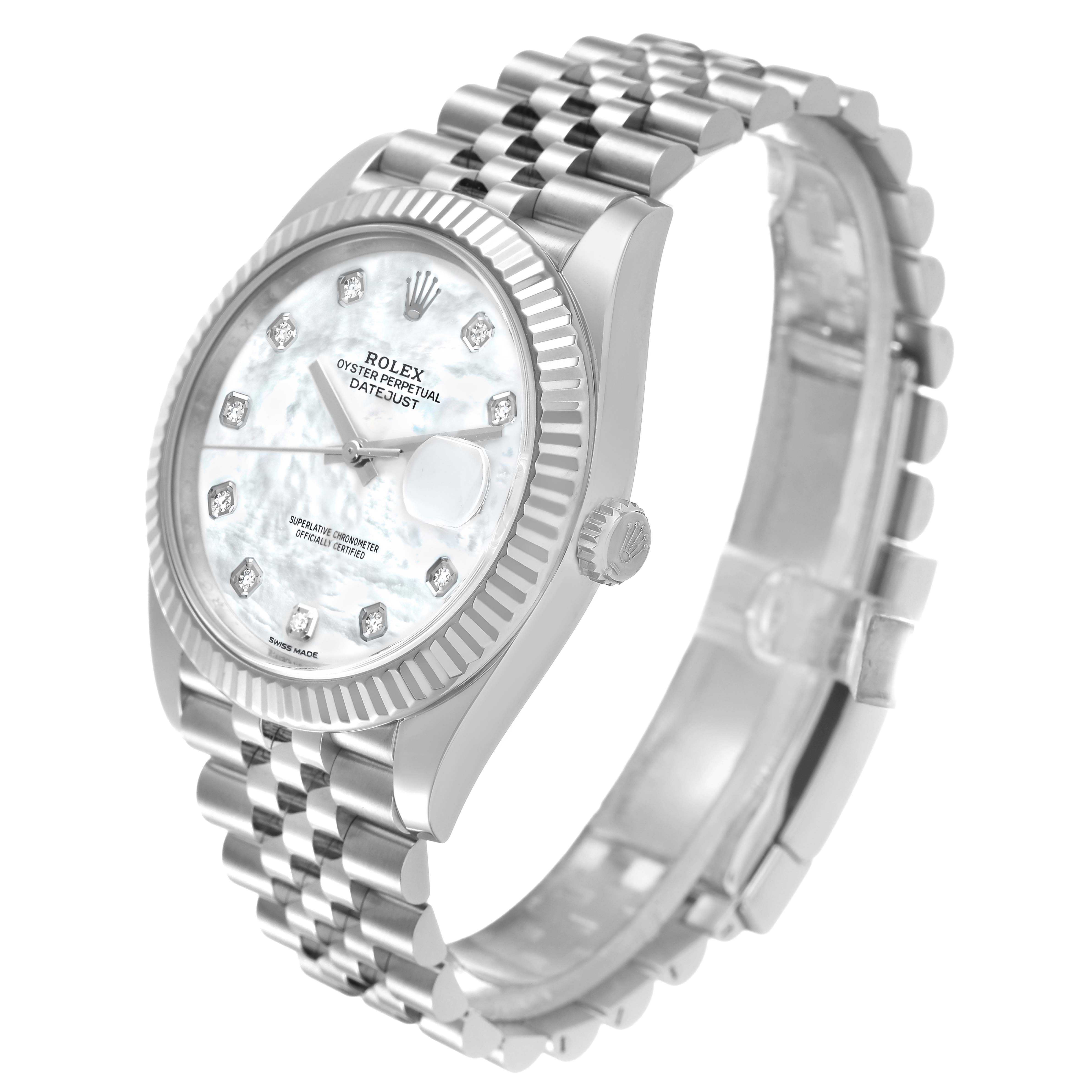 The Rolex Datejust 41 126334 Men's Stainless Steel Mother of Pearl Dial is shown at a three-quarter angle, highlighting the face, fluted bezel, crown, and Jubilee bracelet.