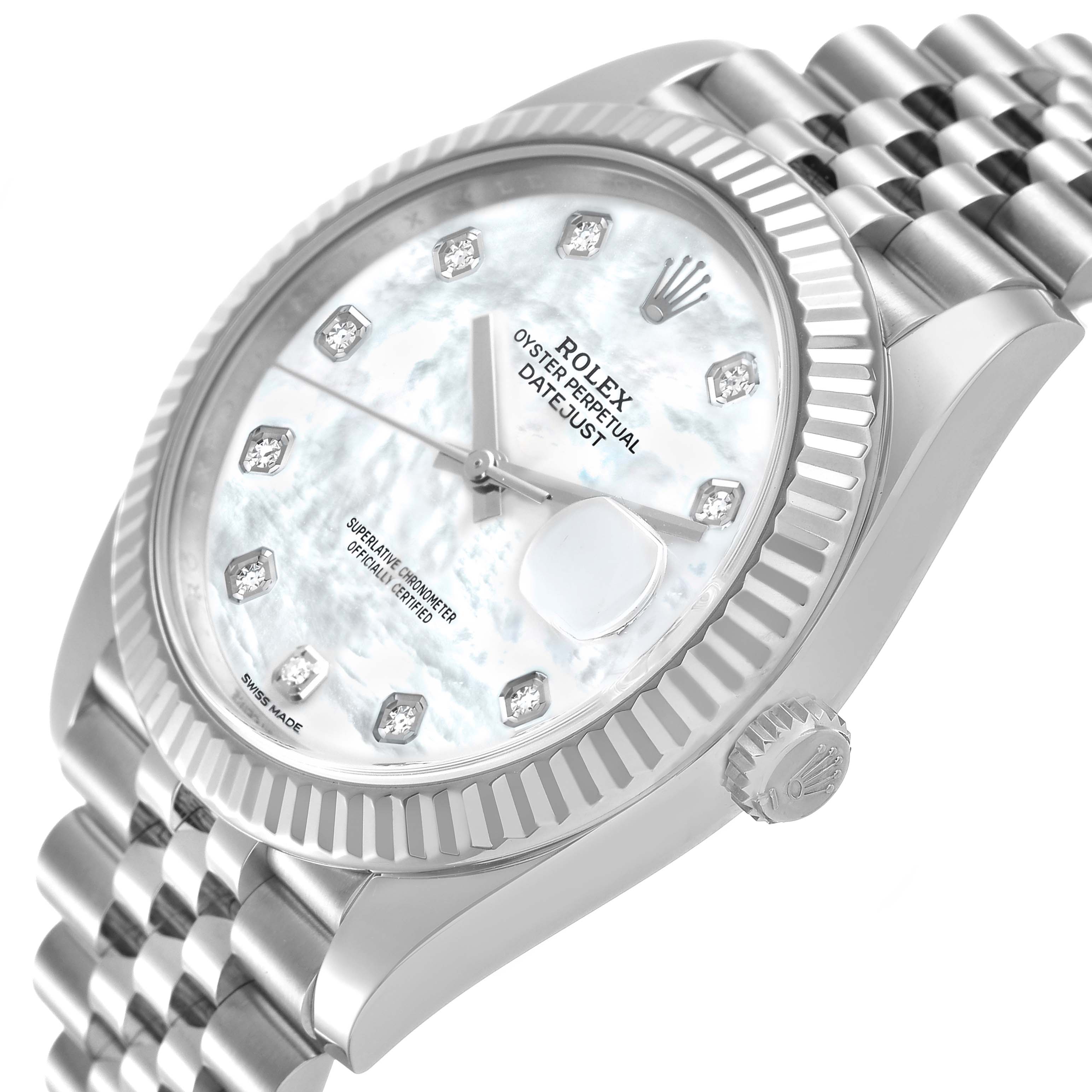 The Rolex Datejust 41 126334 Men's Stainless Steel Mother of Pearl Dial is shown at an angled close-up, highlighting the dial, diamond hour markers, bezel, crown, and jubilee bracelet.