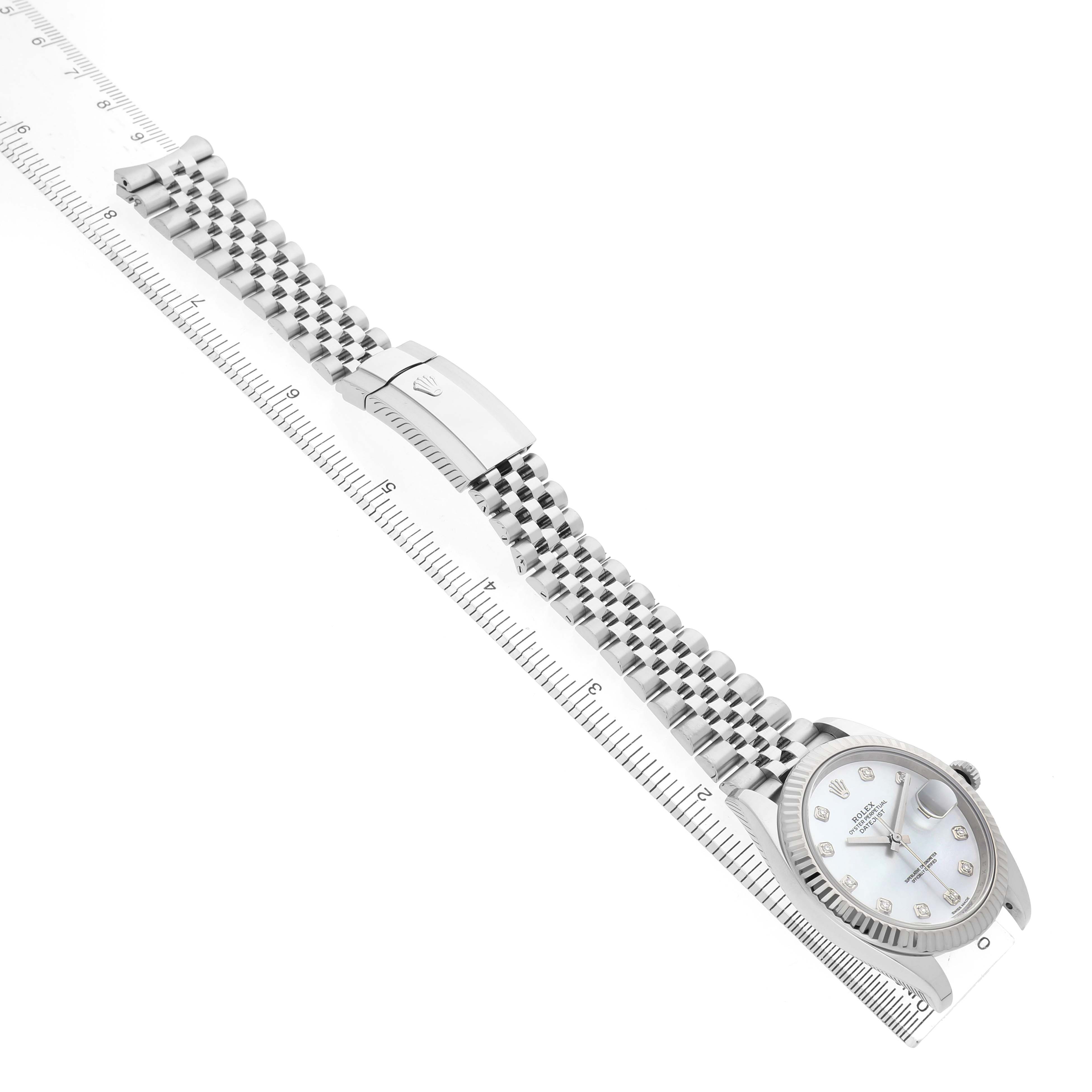The Rolex Datejust 41 126334 Men's Stainless Steel Mother of Pearl Dial is shown at a diagonal angle, displaying the face, bracelet, and clasp.