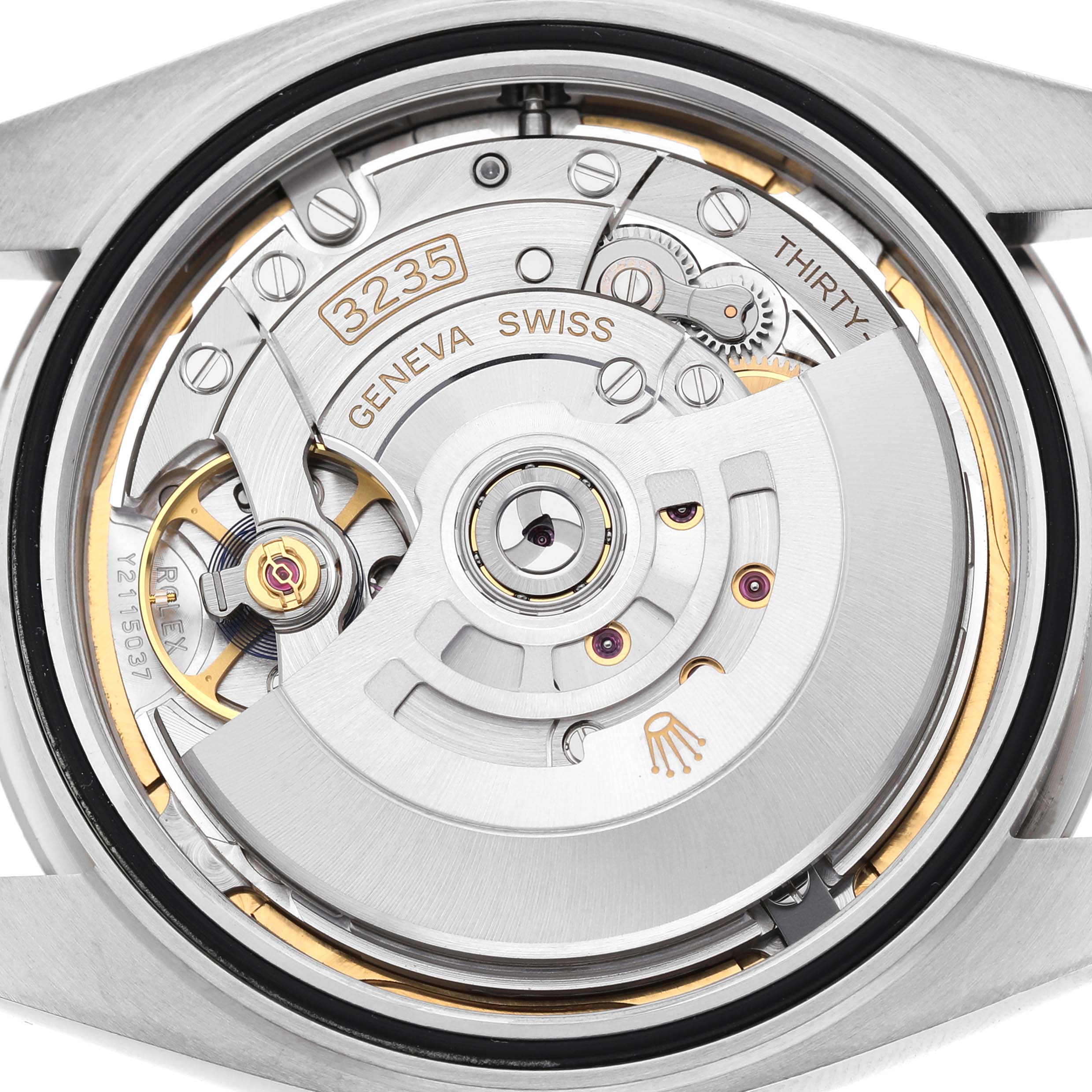 The image shows the movement of the Rolex Datejust 41 126334 Men's Stainless Steel Mother of Pearl Dial, highlighting the rotor and internal components from a back view.