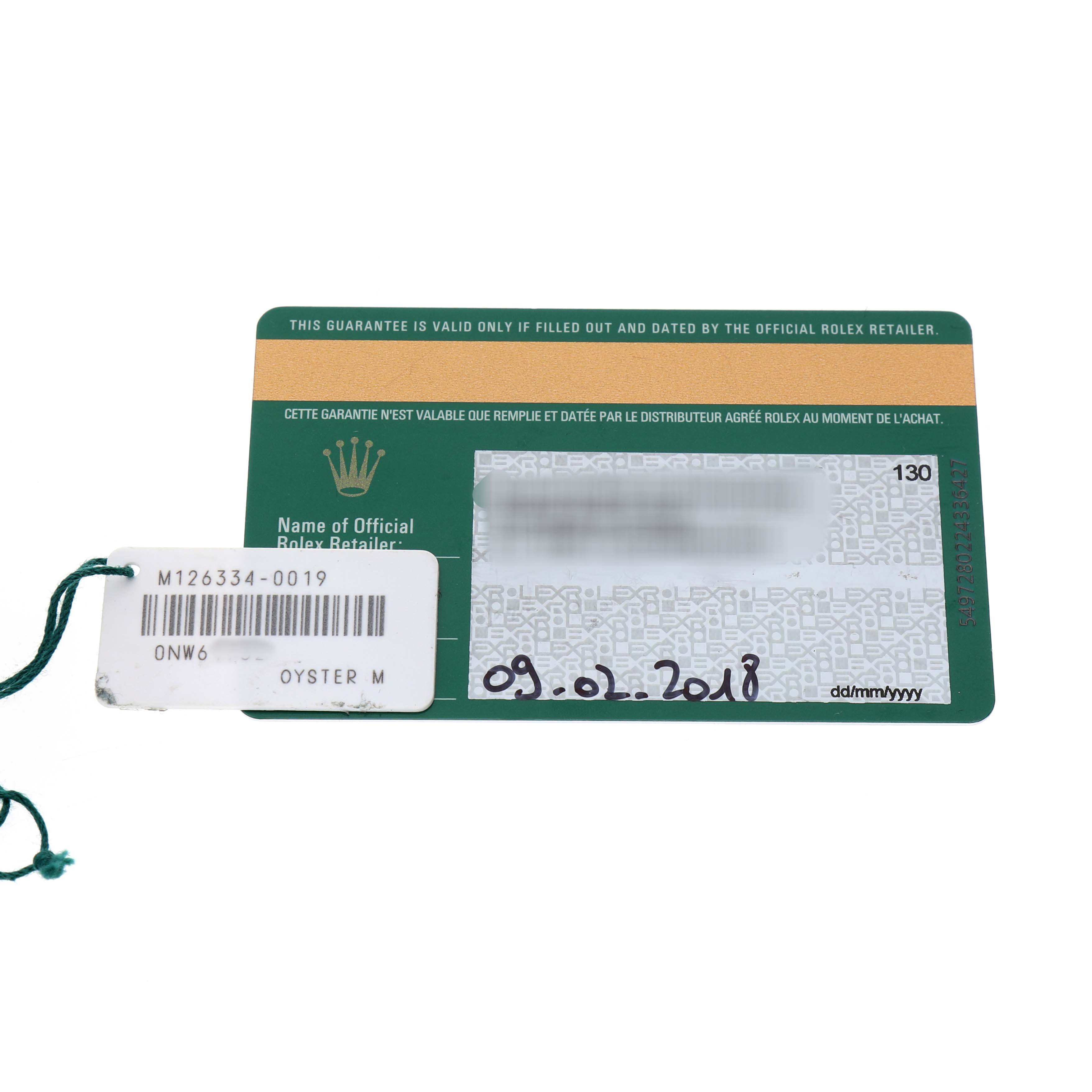 The image shows a warranty card and tag for the Rolex Datejust 41 126334 Men's Stainless Steel Mother of Pearl Dial model.