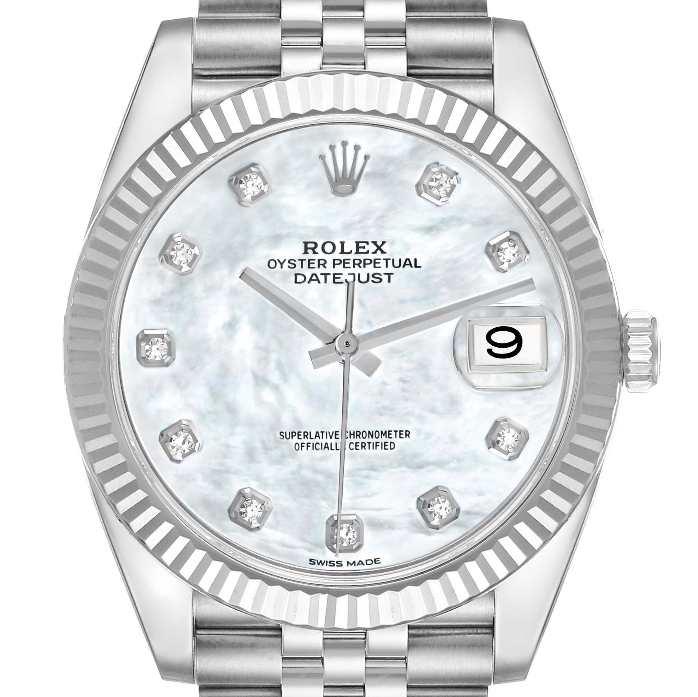 The image shows a frontal view of a Rolex Datejust 41 126334 Men's Stainless Steel Mother of Pearl Dial, highlighting its dial, markers, and fluted bezel.