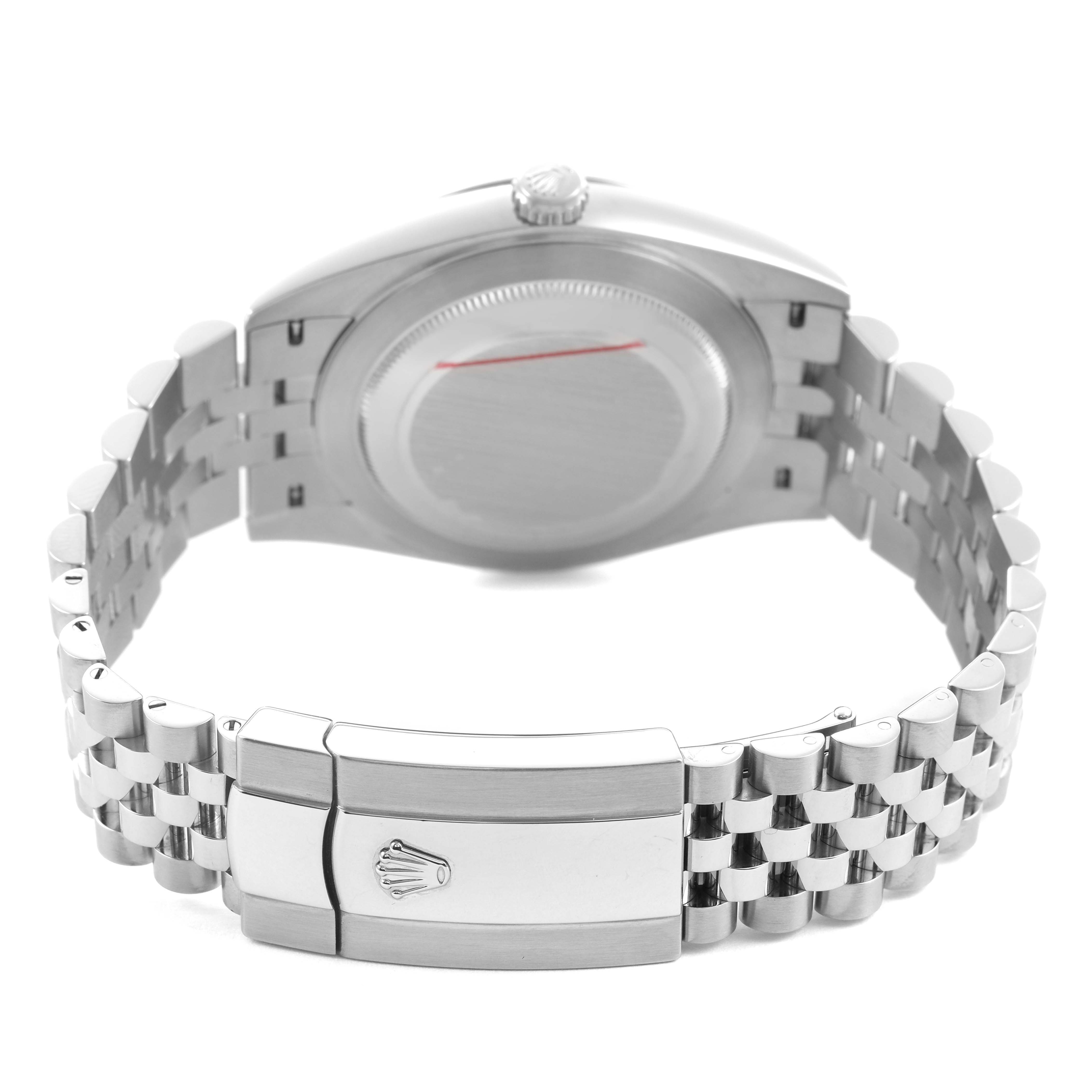 The image shows the back case and bracelet clasp of a Rolex Datejust 41 126334 Men's Stainless Steel White Dial, viewed from a rear angle.