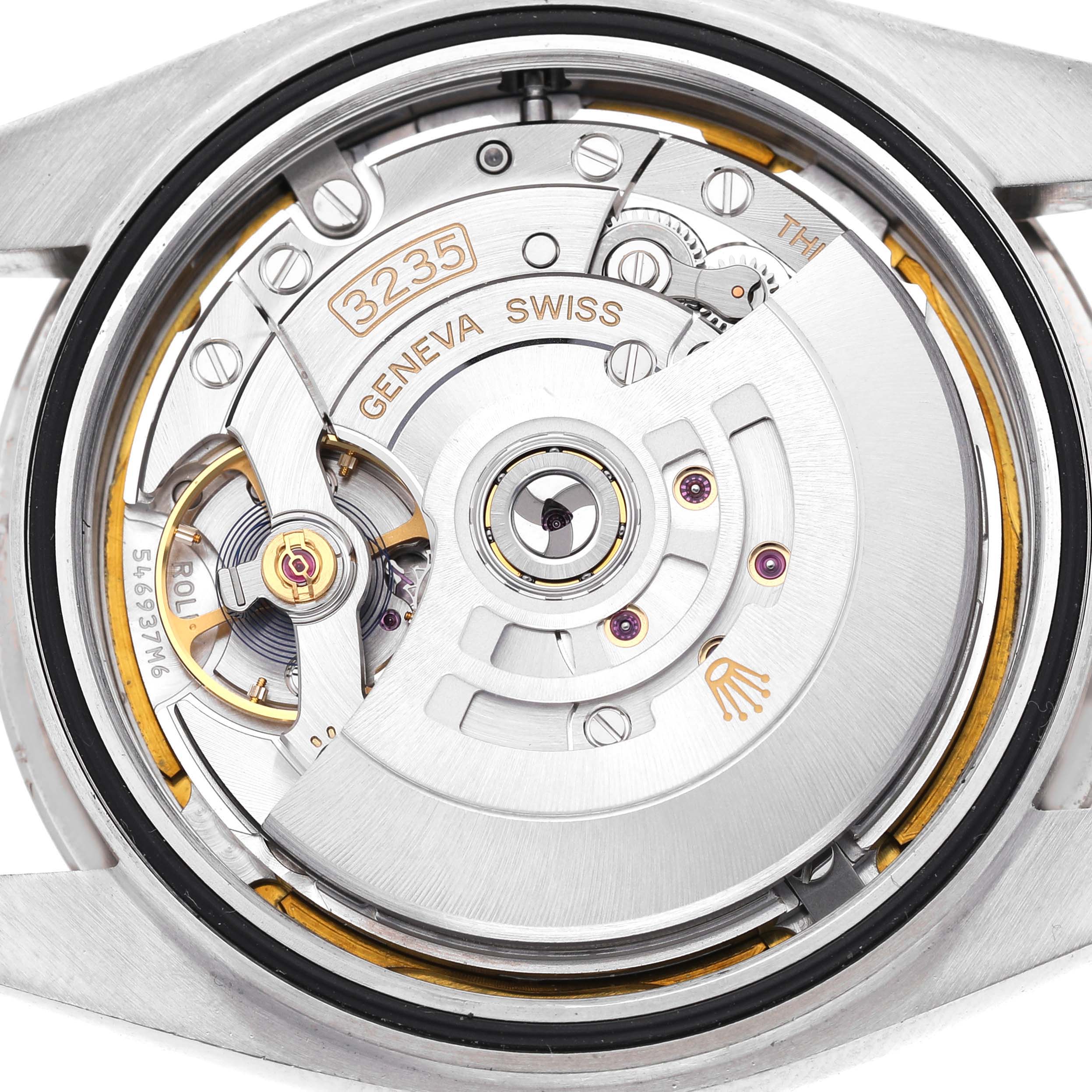 The image shows a detailed view of the movement inside a Rolex Datejust 41 126334 Men's Stainless Steel White Dial, focusing on the caliber 3235 mechanism.