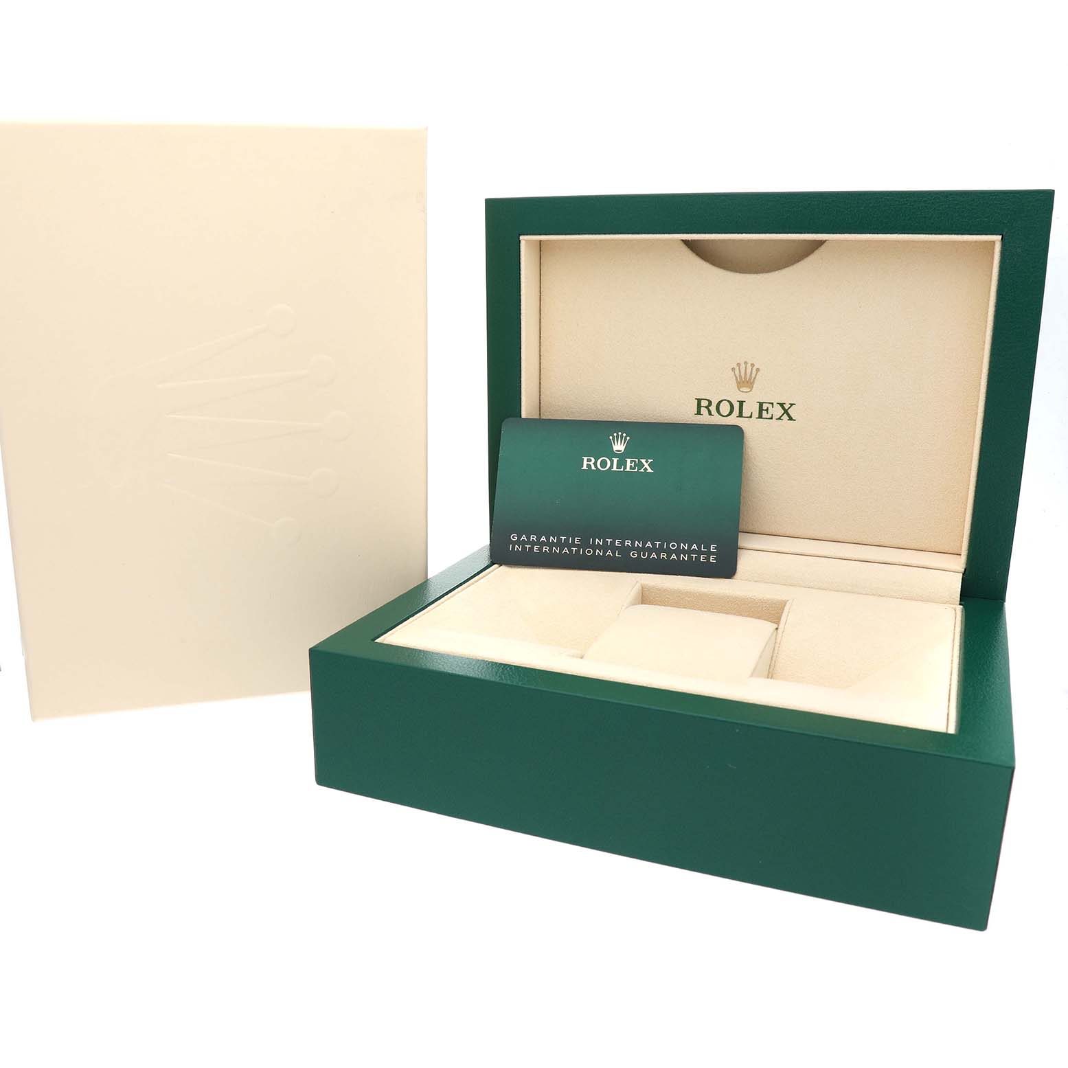 The image shows a Rolex Datejust 41 126334 Men's Stainless Steel White Dial box with an open lid, revealing the guarantee card and a cream-colored interior.