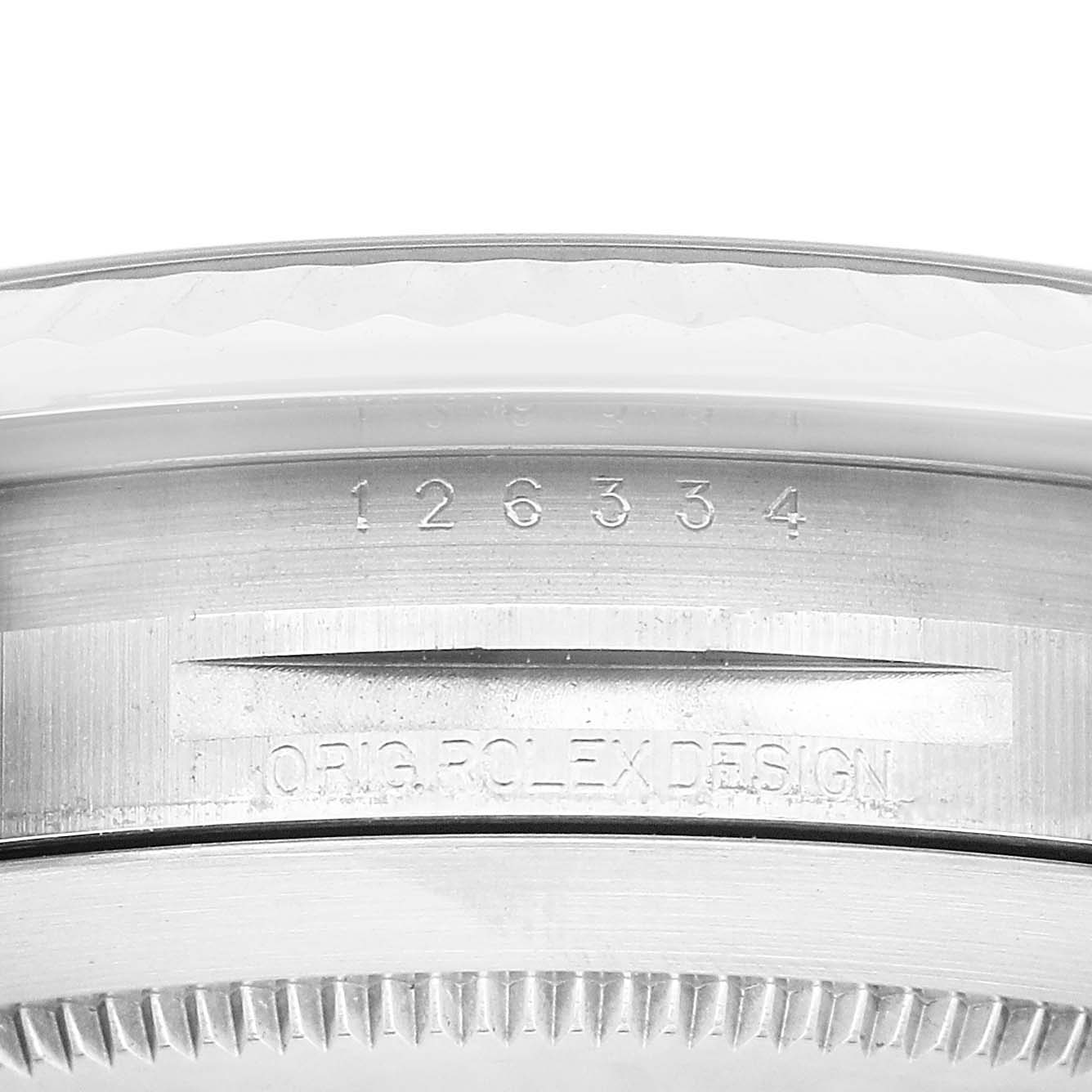 The image shows a close-up of the case side and bezel of the Rolex Datejust 41 126334 Men's Stainless Steel White Dial, focusing on the engraved model number.