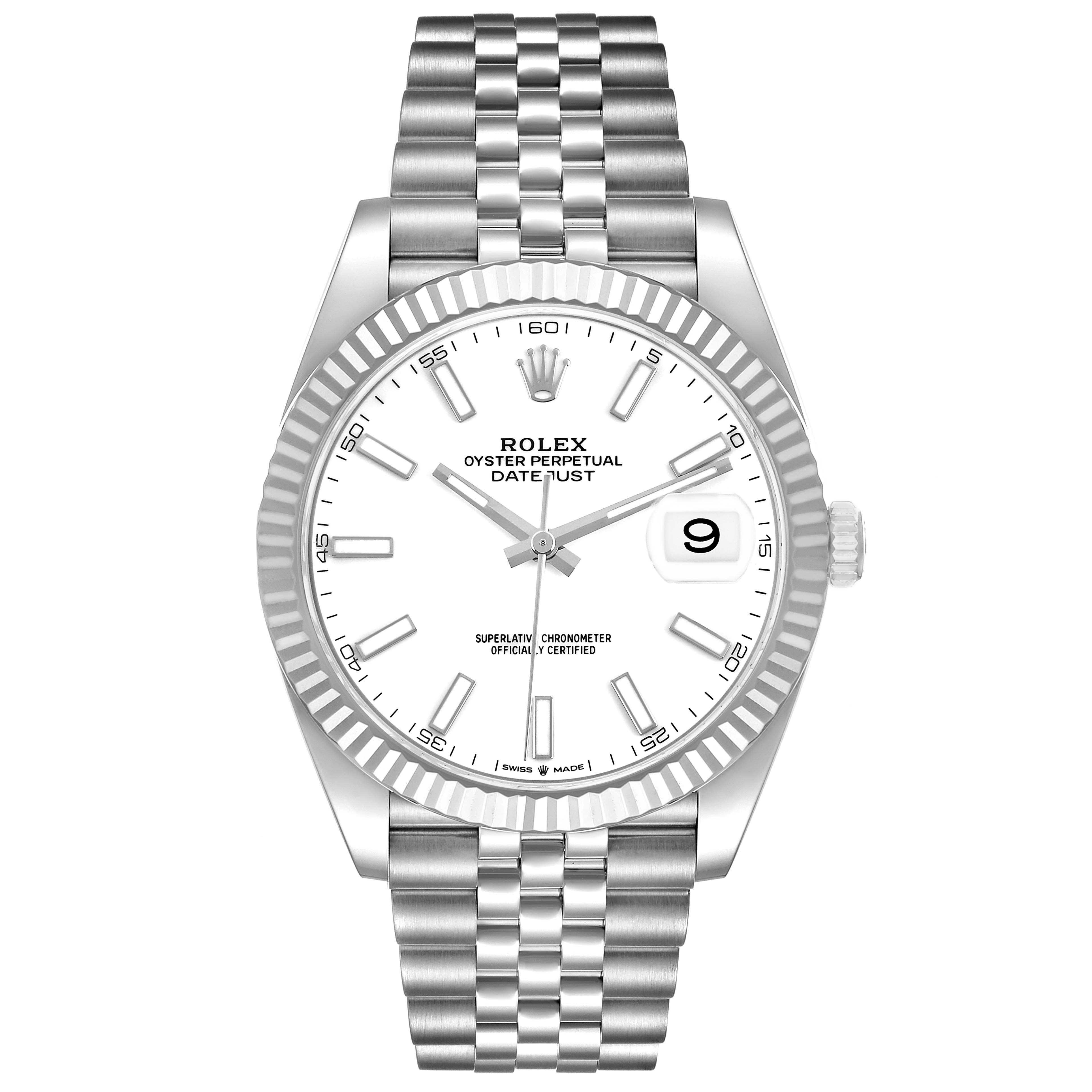 The image shows a frontal view of the Rolex Datejust 41 126334 Men's Stainless Steel White Dial, highlighting its dial, bezel, date window, and bracelet.