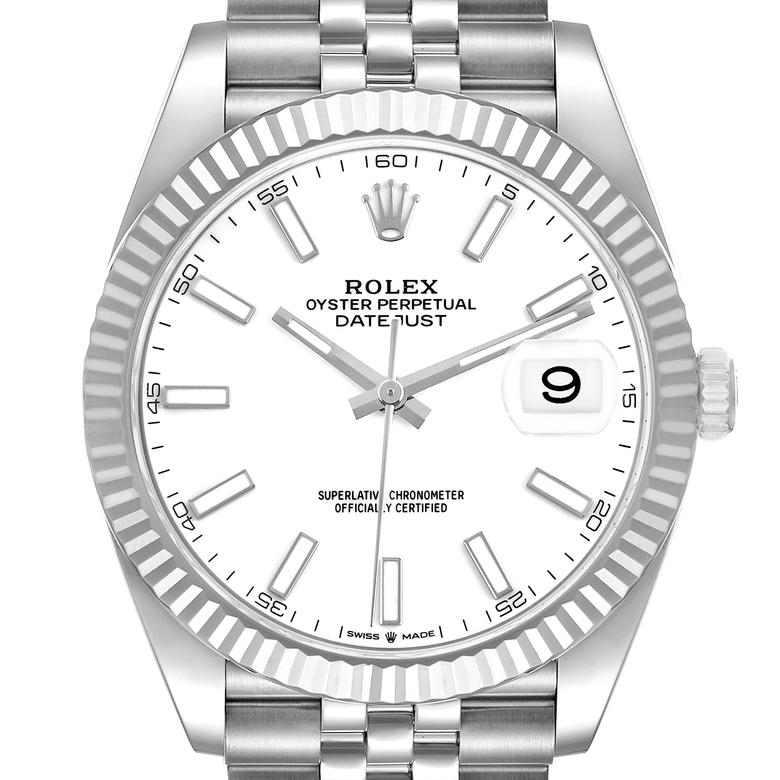 The image shows a frontal view of the Rolex Datejust 41 126334 Men's Stainless Steel White Dial, highlighting the dial, hands, bezel, and part of the bracelet.