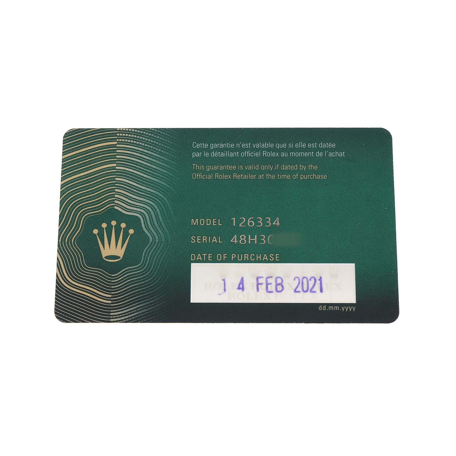 The image shows a guarantee card for a Rolex Datejust 41 126334 Men's Stainless Steel White Dial with model and serial numbers.