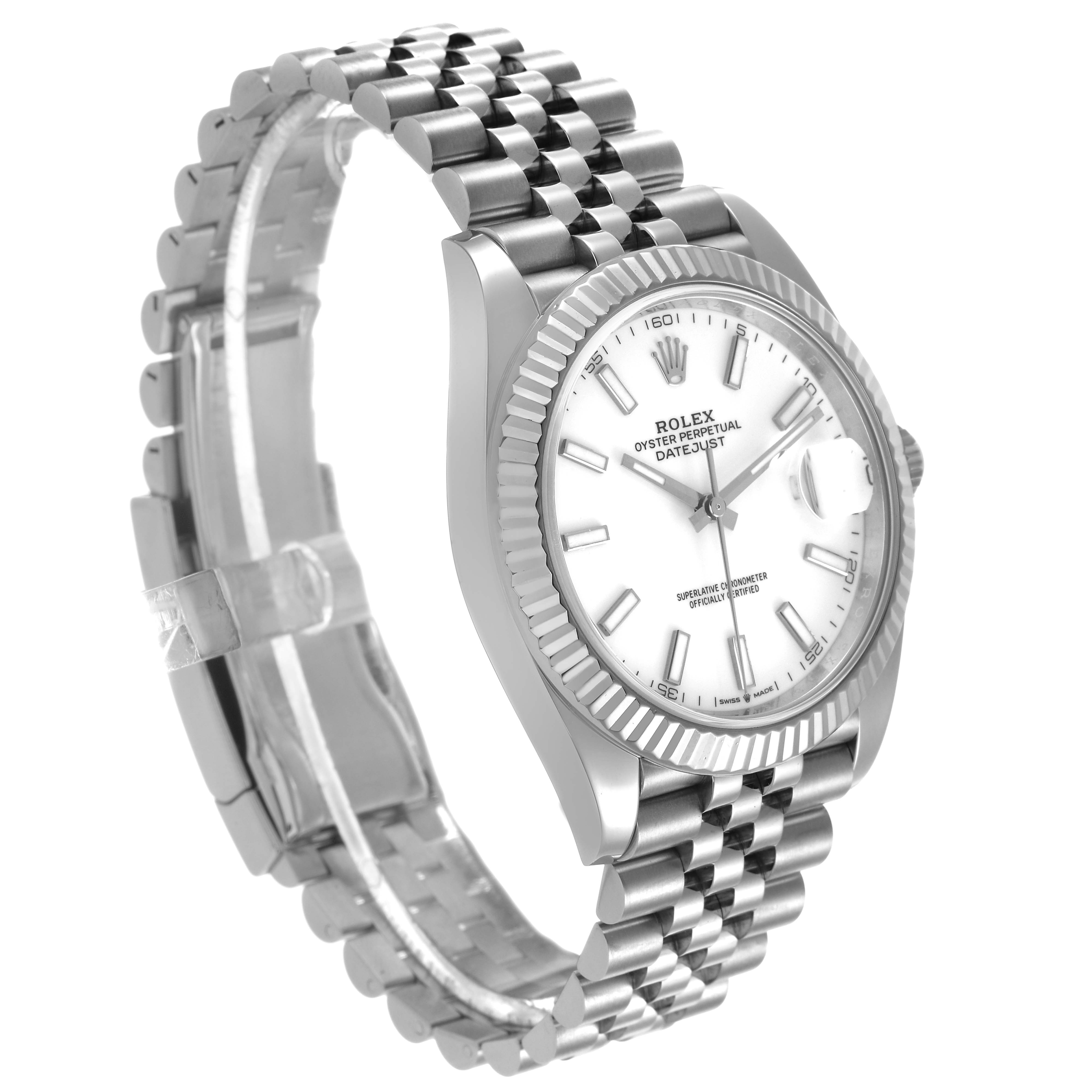 The Rolex Datejust 41 126334 Men's Stainless Steel White Dial is shown at a three-quarter angle, highlighting its dial, bezel, and Jubilee bracelet.