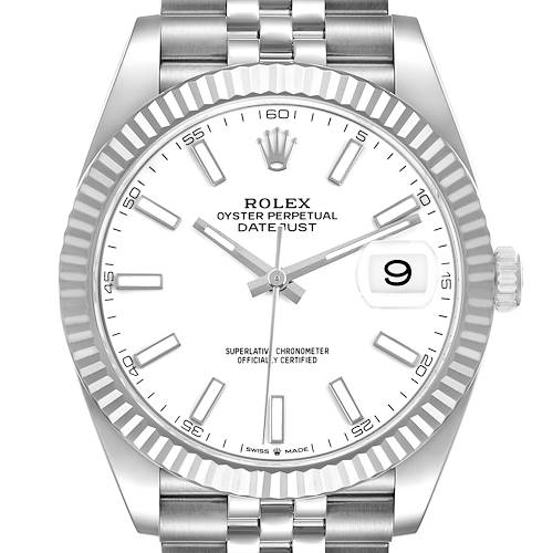 The Rolex Datejust 41 126334 Men's Stainless Steel White Dial watch is shown from a front angle, highlighting the dial, fluted bezel, and jubilee bracelet.