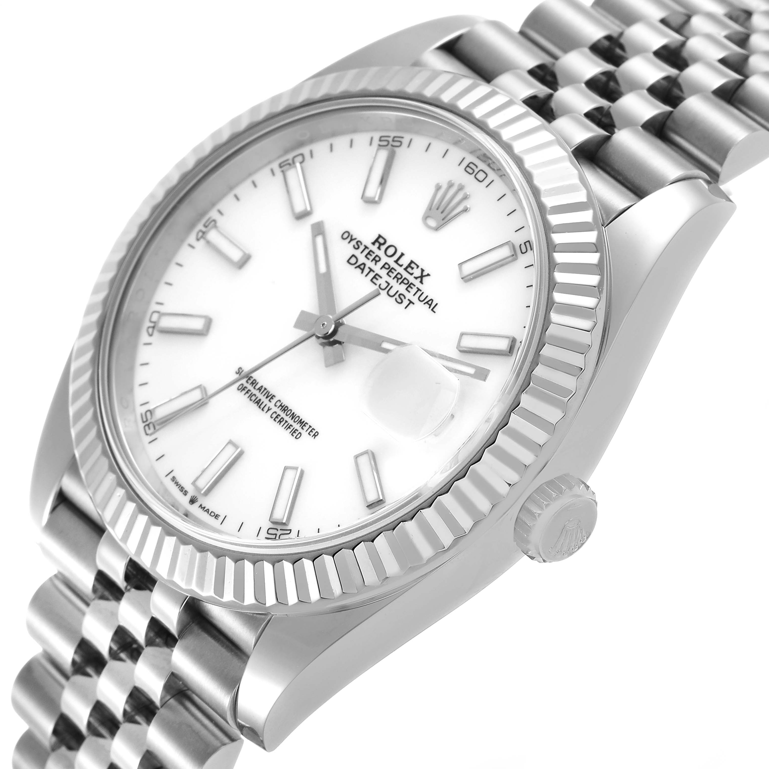 The Rolex Datejust 41 126334 Men's Stainless Steel White Dial is shown at an angled side view, highlighting the fluted bezel, dial, and part of the jubilee bracelet.