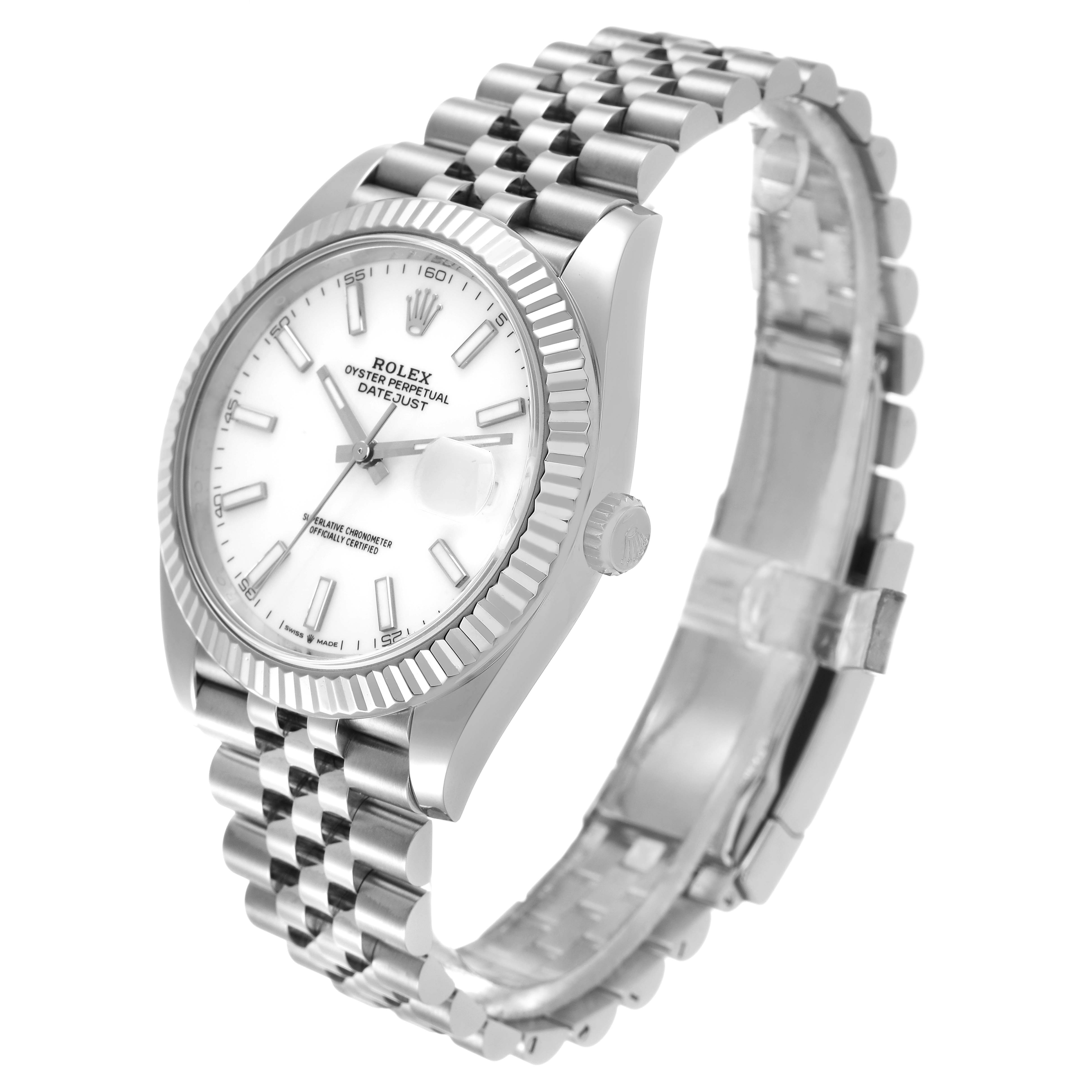 The Rolex Datejust 41 126334 Men's Stainless Steel White Dial is shown at an angled side view, displaying the dial, bracelet, crown, and fluted bezel.