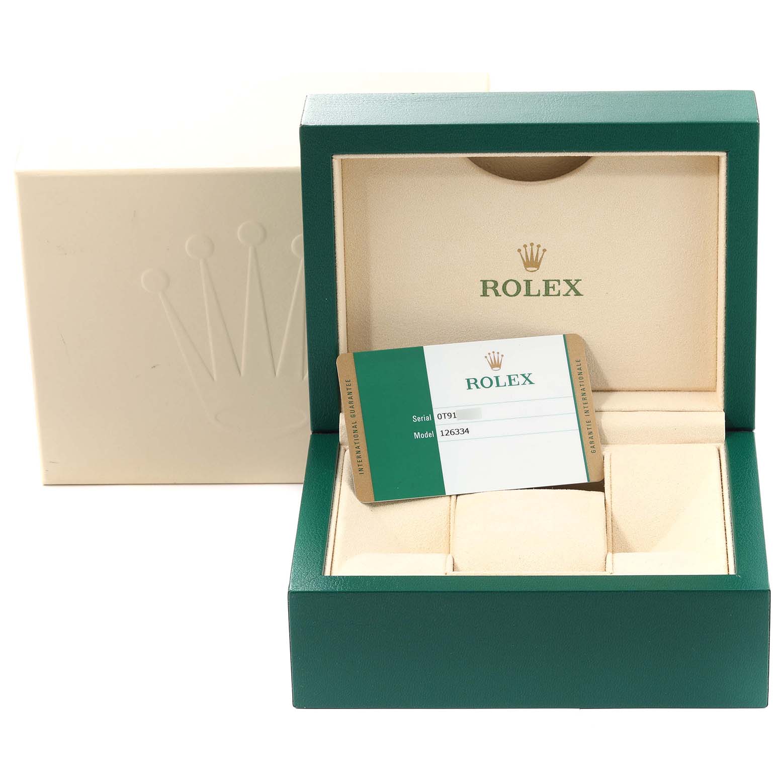 The image shows the open box and card for the Rolex 126334 Men
s Stainless Steel Grey Dial 126334 Men
s Stainless Steel Grey Dial Datejust 41 Steel White Gold Wimbledon Dial Men
s Watch, model 126334.