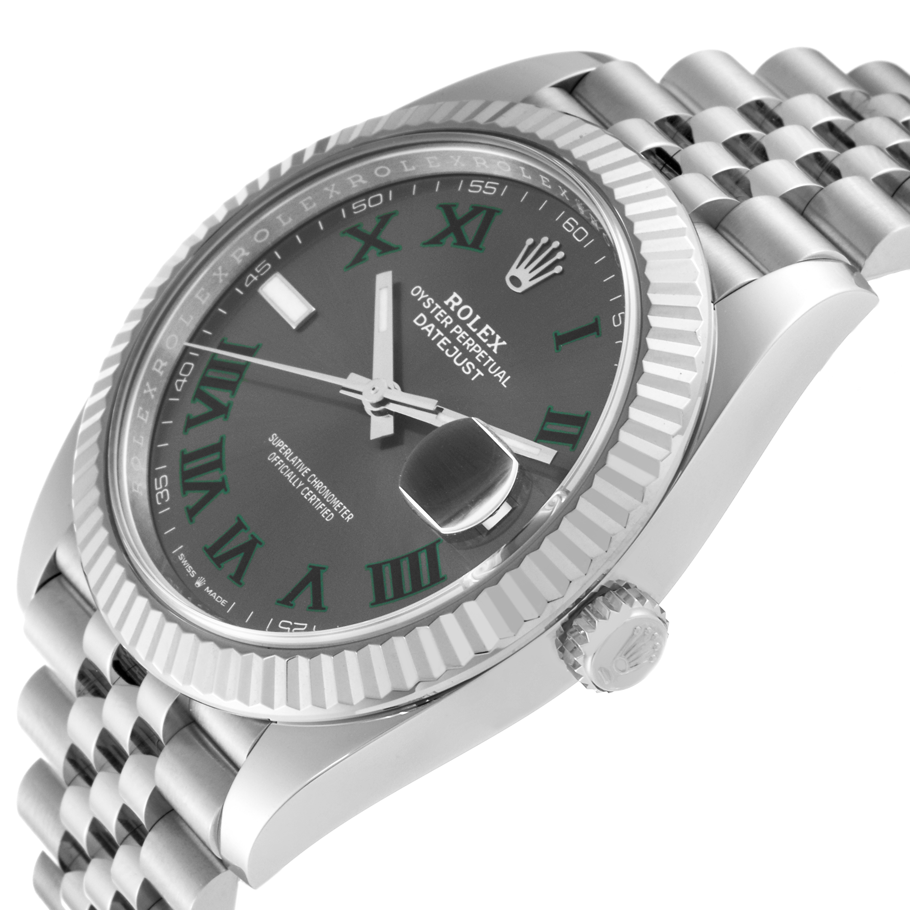 The Rolex 126334 Men
s Stainless Steel Grey Dial 126334 Men
s Stainless Steel Grey Dial Datejust 41 Steel White Gold Wimbledon Dial Mens Watch 126334 is shown at an angle highlighting the dial, bezel, and part of the bracelet.