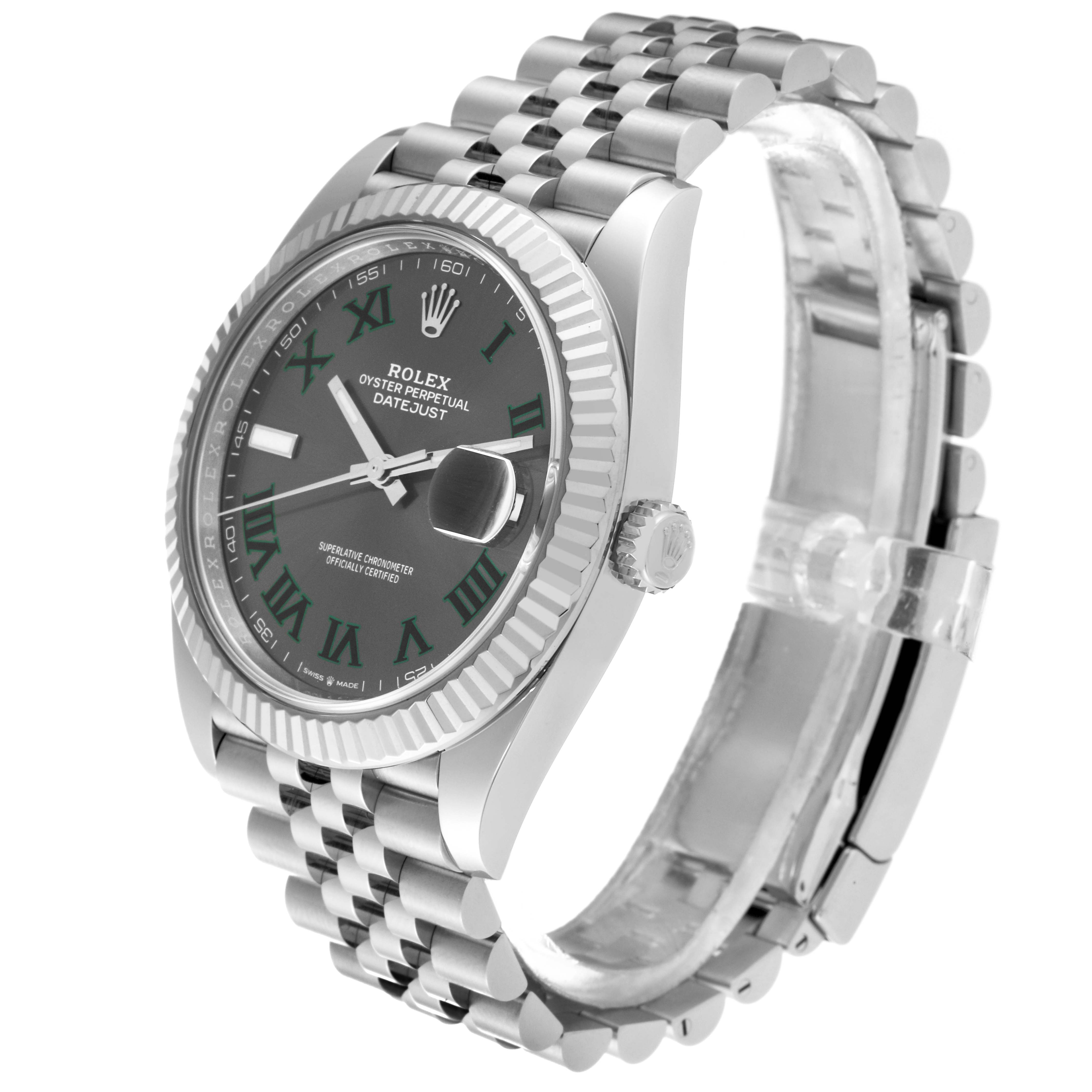 The image shows the Rolex 126334 Men
s Stainless Steel Grey Dial 126334 Men
s Stainless Steel Grey Dial Datejust 41 model 126334 from a front angle, highlighting its Wimbledon dial, fluted bezel, and jubilee bracelet.