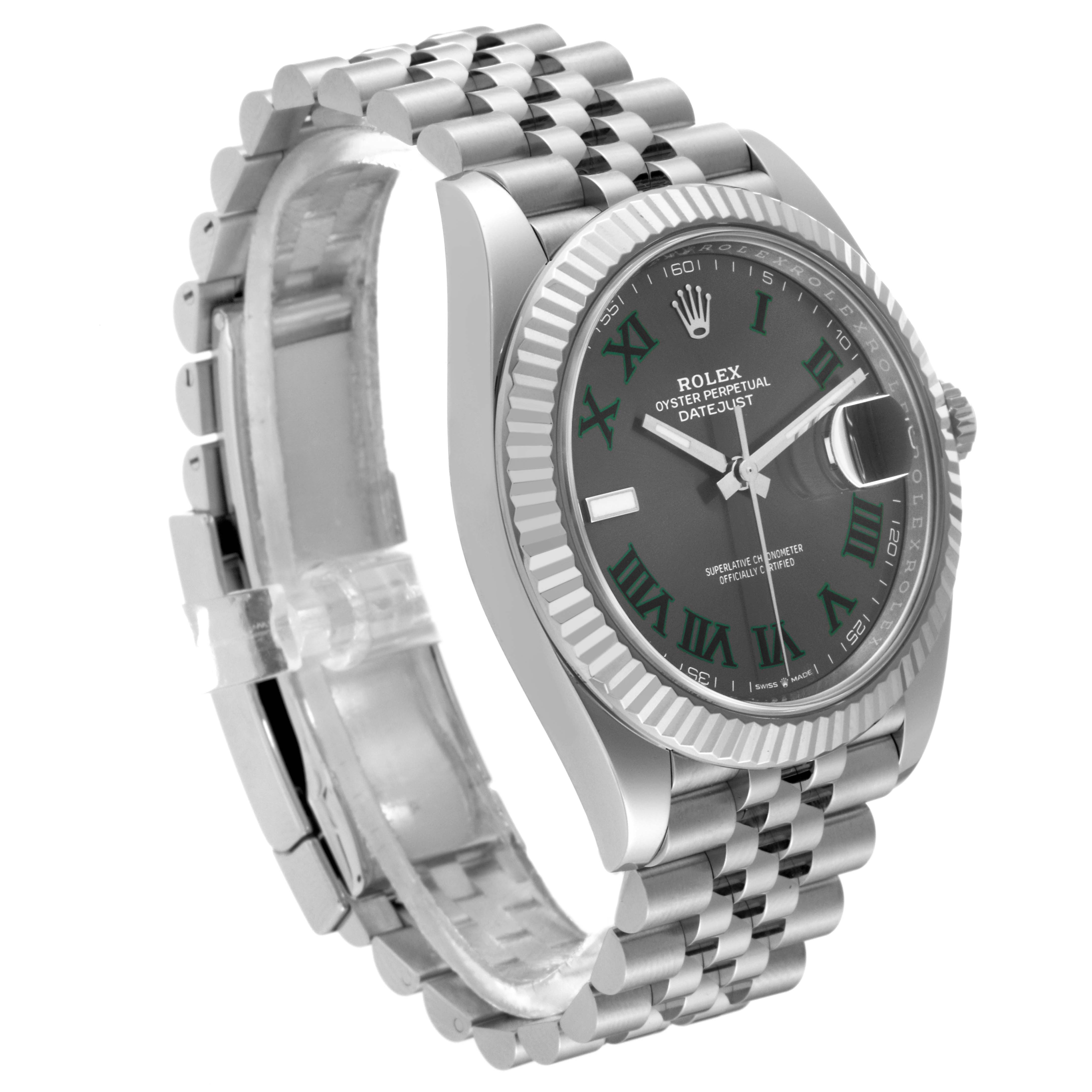 The image shows a Rolex 126334 Men
s Stainless Steel Grey Dial 126334 Men
s Stainless Steel Grey Dial Datejust 41 Steel White Gold Wimbledon Dial Mens Watch 126334 at a slight angle, highlighting its face, bezel, and bracelet.