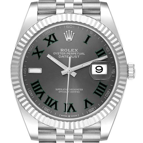 The image shows a front view of the Rolex Datejust 41 Steel White Gold Wimbledon Dial Mens Watch model 126334, displaying the face and bezel.