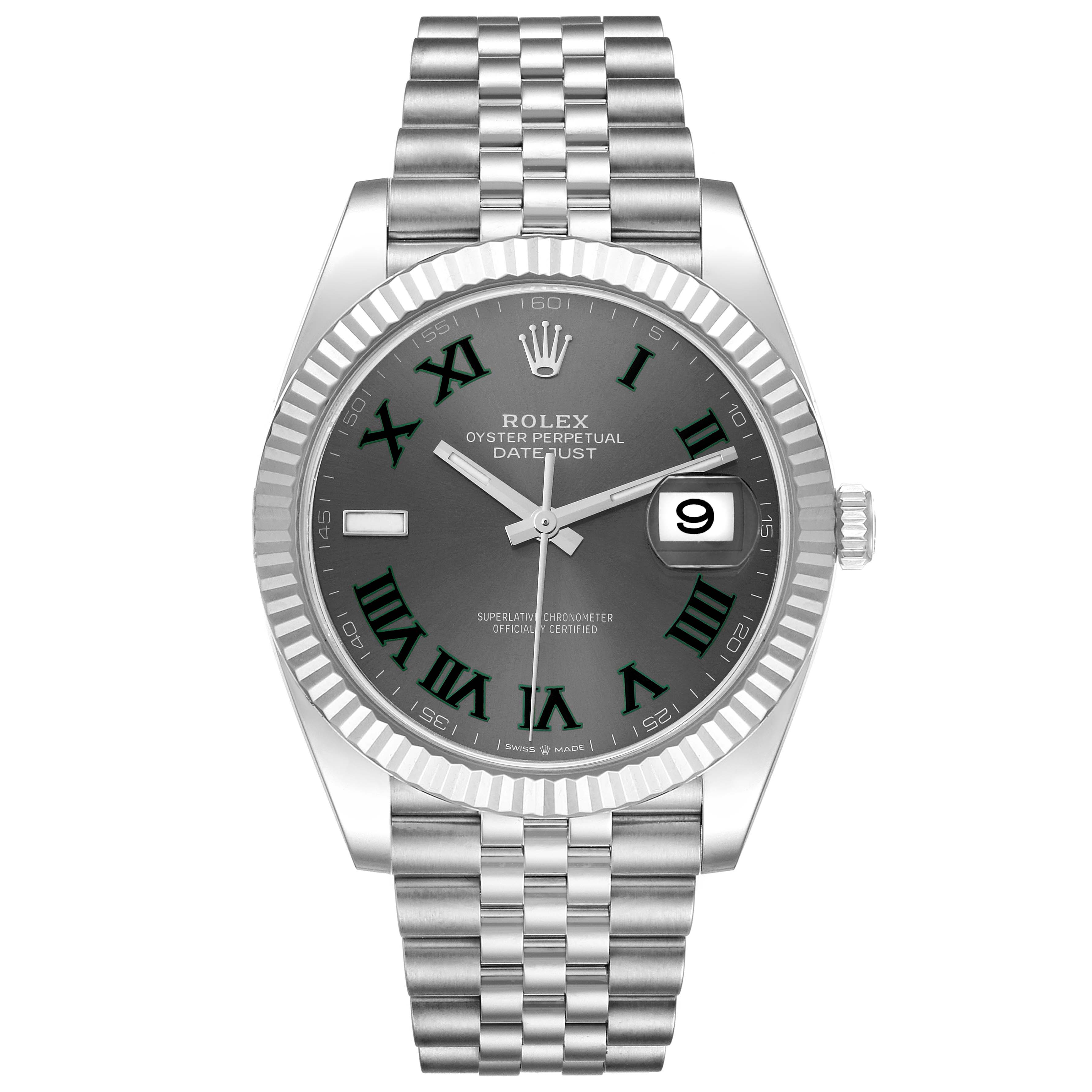 The Rolex 126334 Men
s Stainless Steel Grey Dial 126334 Men
s Stainless Steel Grey Dial Datejust 41 Steel White Gold Wimbledon Dial Men
s Watch 126334 is shown from a front angle, displaying its face, bezel, and bracelet.