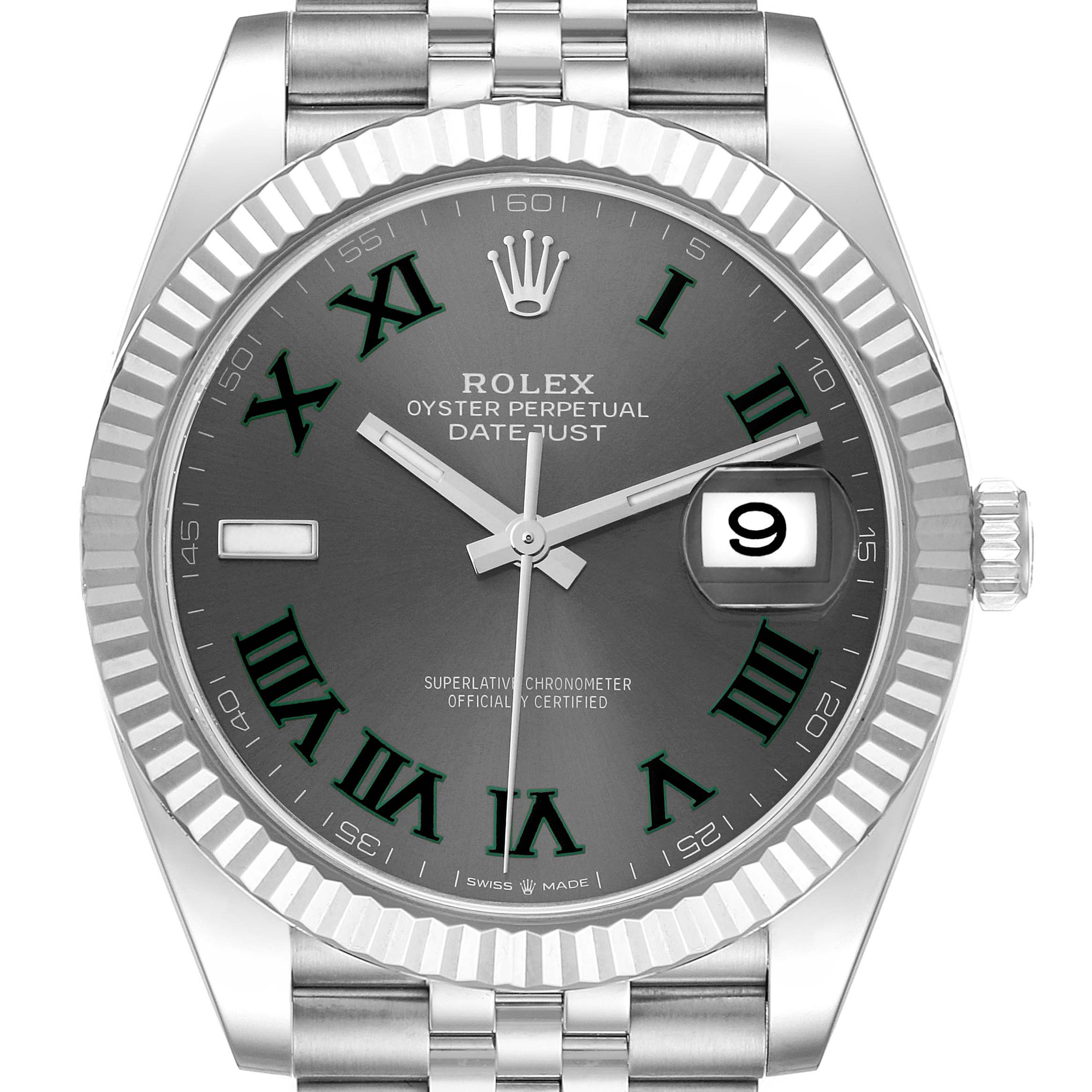 This image shows the face of a Rolex 126334 Men
s Stainless Steel Grey Dial 126334 Men
s Stainless Steel Grey Dial Datejust 41 model 126334, highlighting the Wimbledon dial, hands, bezel, and part of the band.