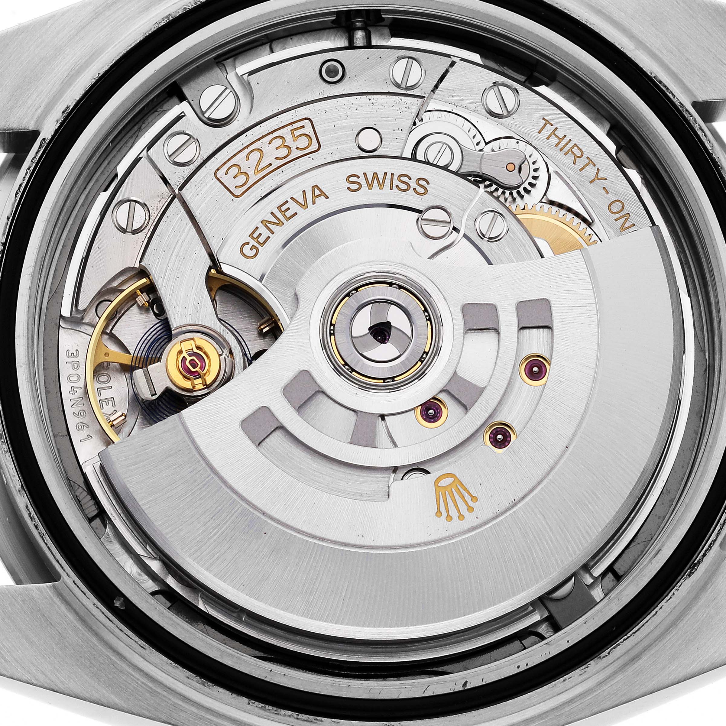 The image shows the movement mechanism of the Rolex 126334 Men
s Stainless Steel Grey Dial 126334 Men
s Stainless Steel Grey Dial Datejust 41 Steel White Gold Wimbledon Dial Mens Watch model 126334.