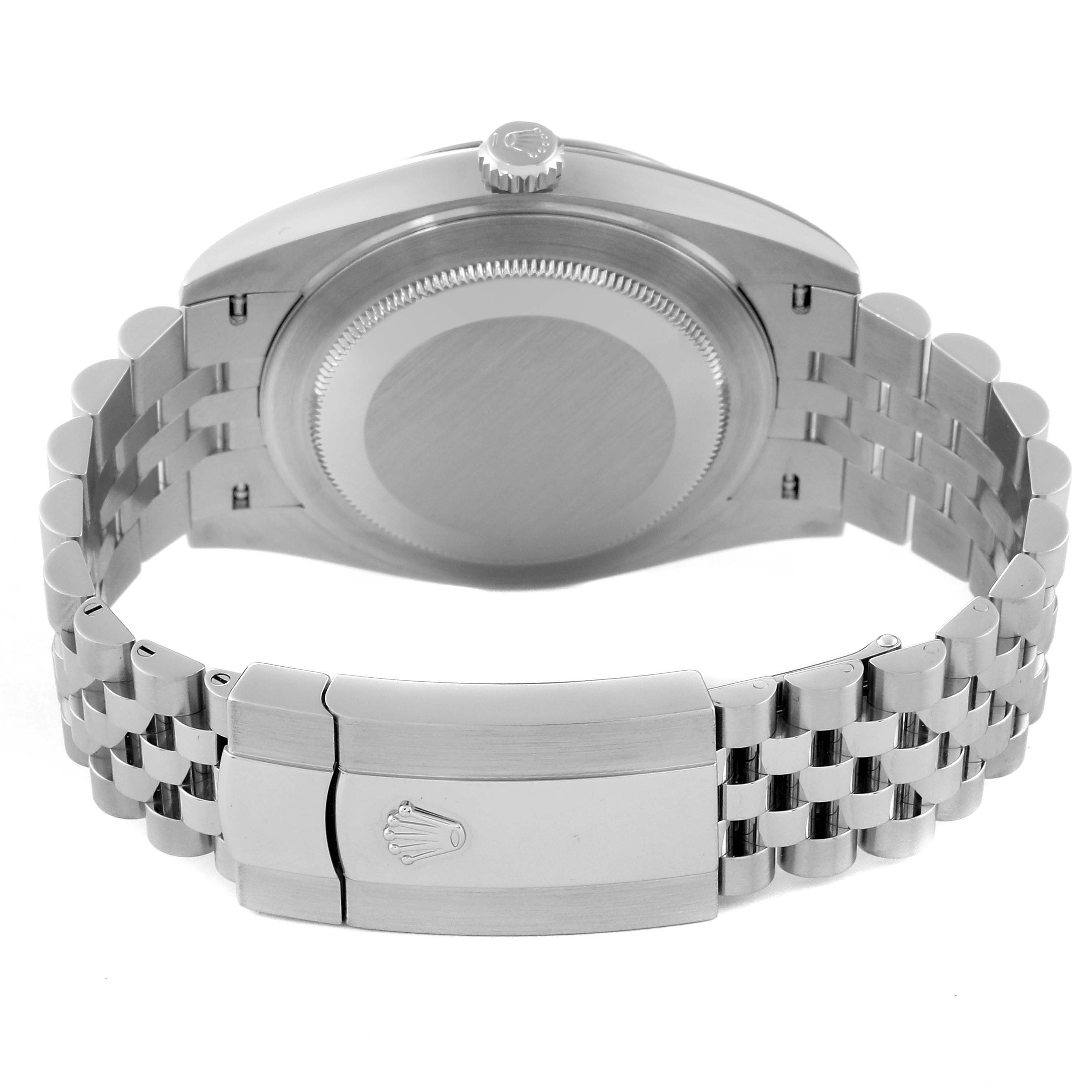 This is a rear view of the Rolex 126334 Men
s Stainless Steel Grey Dial 126334 Men
s Stainless Steel Grey Dial Datejust 41 Steel White Gold Wimbledon Dial Mens Watch 126334, showing the case back and clasp.