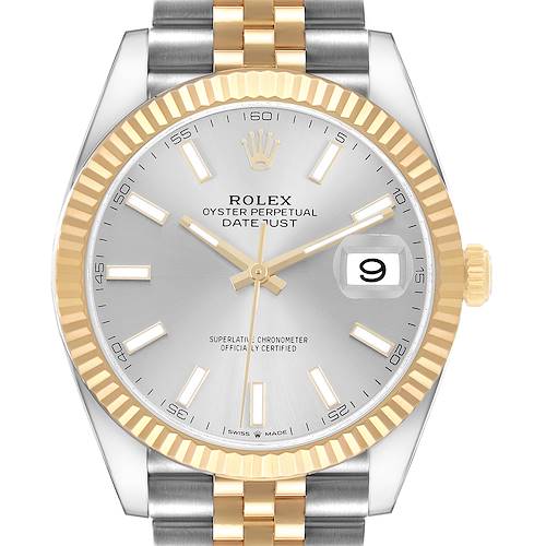The Rolex Datejust 41 126333 Men's Steel and Gold (two tone) Silver Dial is shown from a front angle highlighting the dial, fluted bezel, and jubilee bracelet.