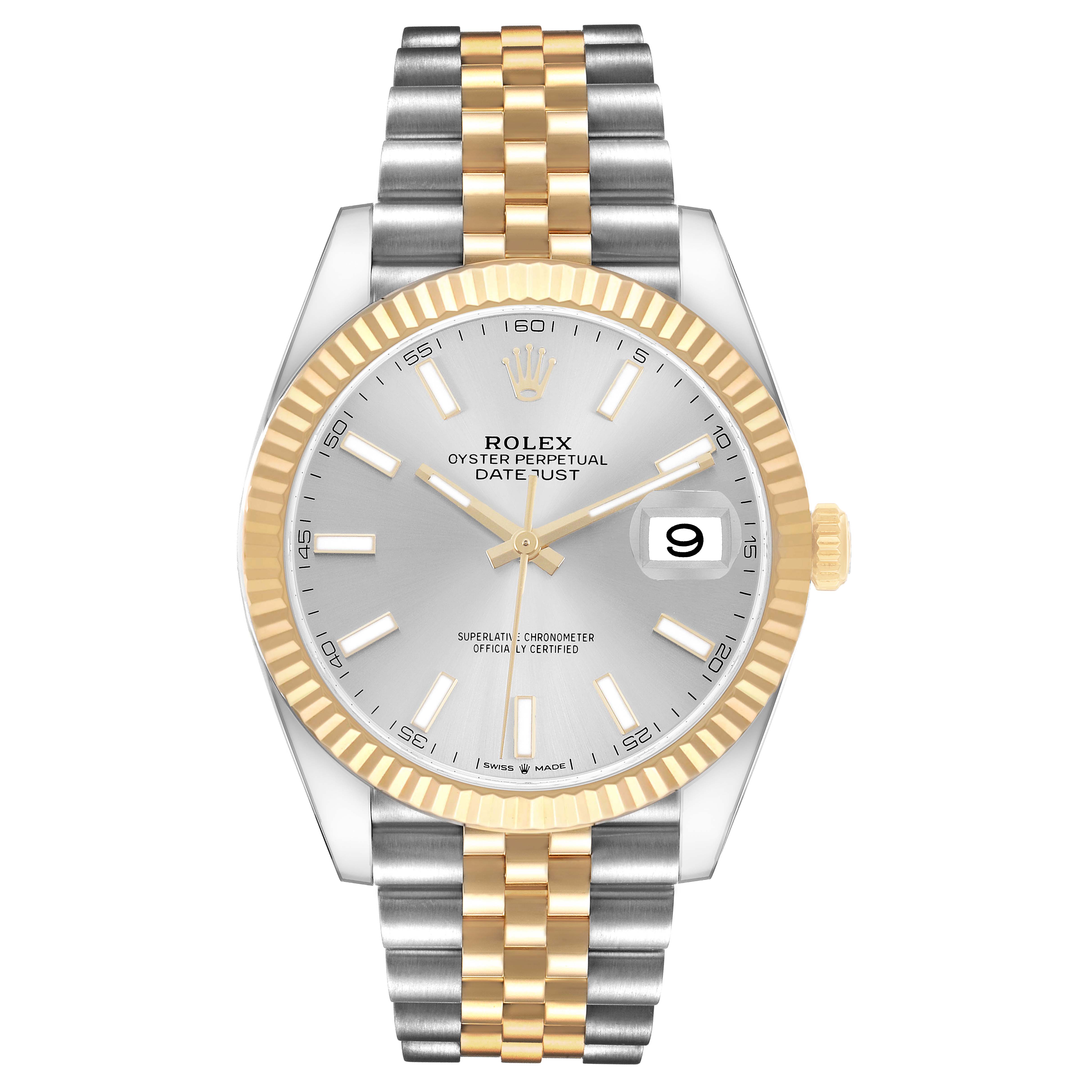The Rolex Datejust 41 126333 Men's Steel and Gold (two tone) Silver Dial is shown from the front, displaying its silver dial, gold fluted bezel, and two-tone Jubilee bracelet.