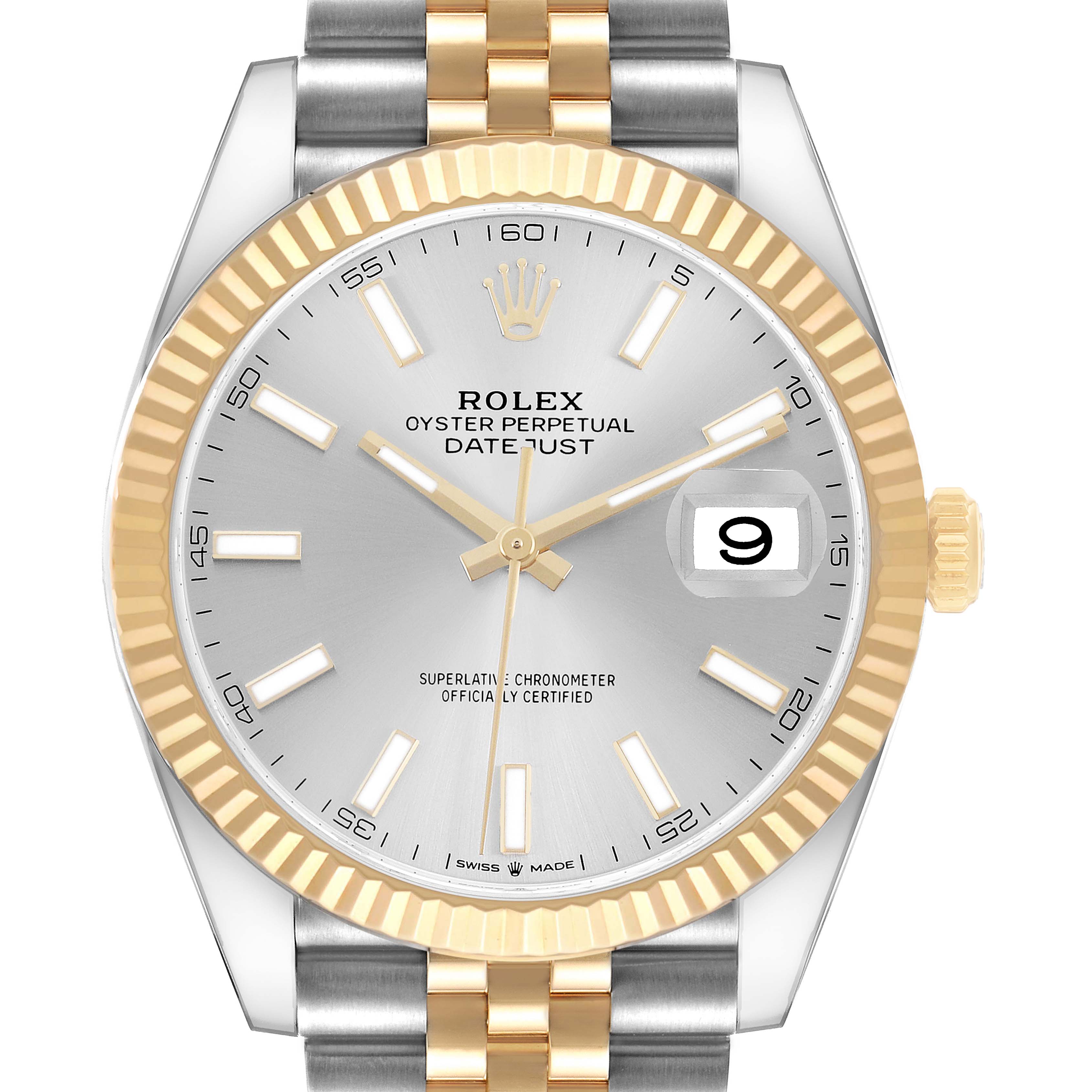 The Rolex Datejust 41 126333 Men's Steel and Gold (two tone) Silver Dial is shown from a front angle, highlighting the dial, bezel, and crown.