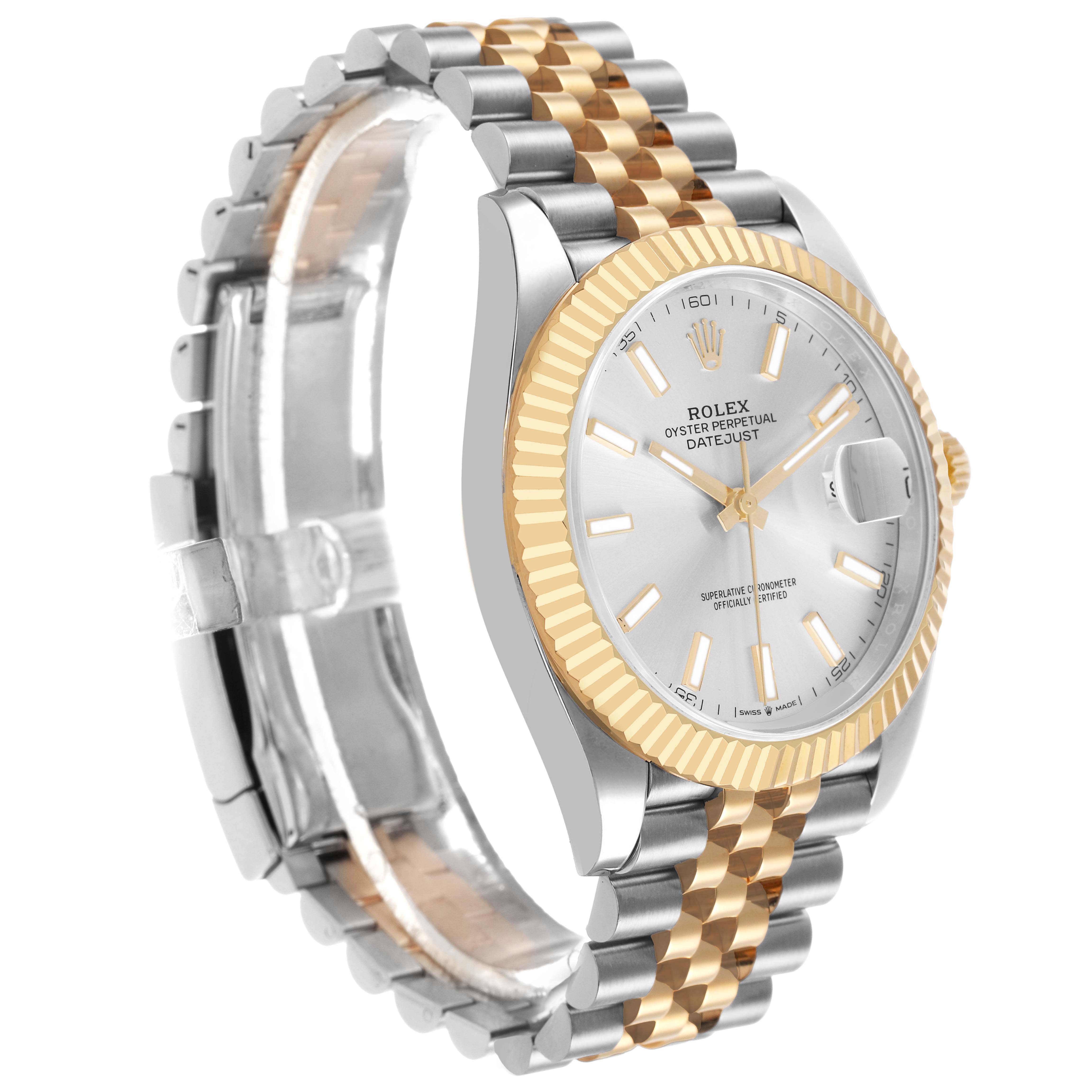 The Rolex Datejust 41 126333 Men's Steel and Gold (two tone) Silver Dial watch is shown at a slight angle highlighting the face, fluted bezel, and part of the bracelet.