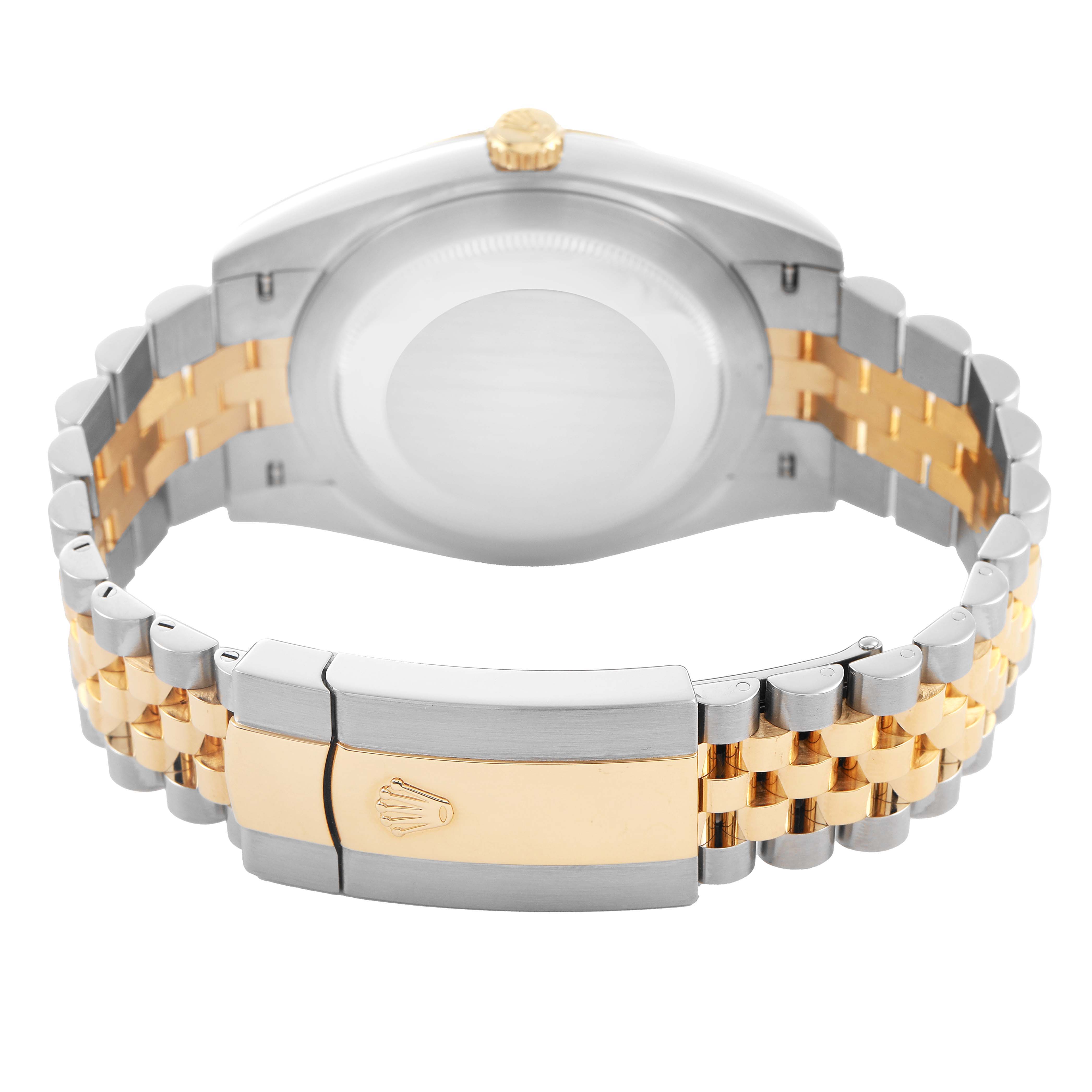 The image shows the Rolex Datejust 41 126333 Men's Steel and Gold (two tone) Silver Dial watch from the back, highlighting the bracelet and clasp.