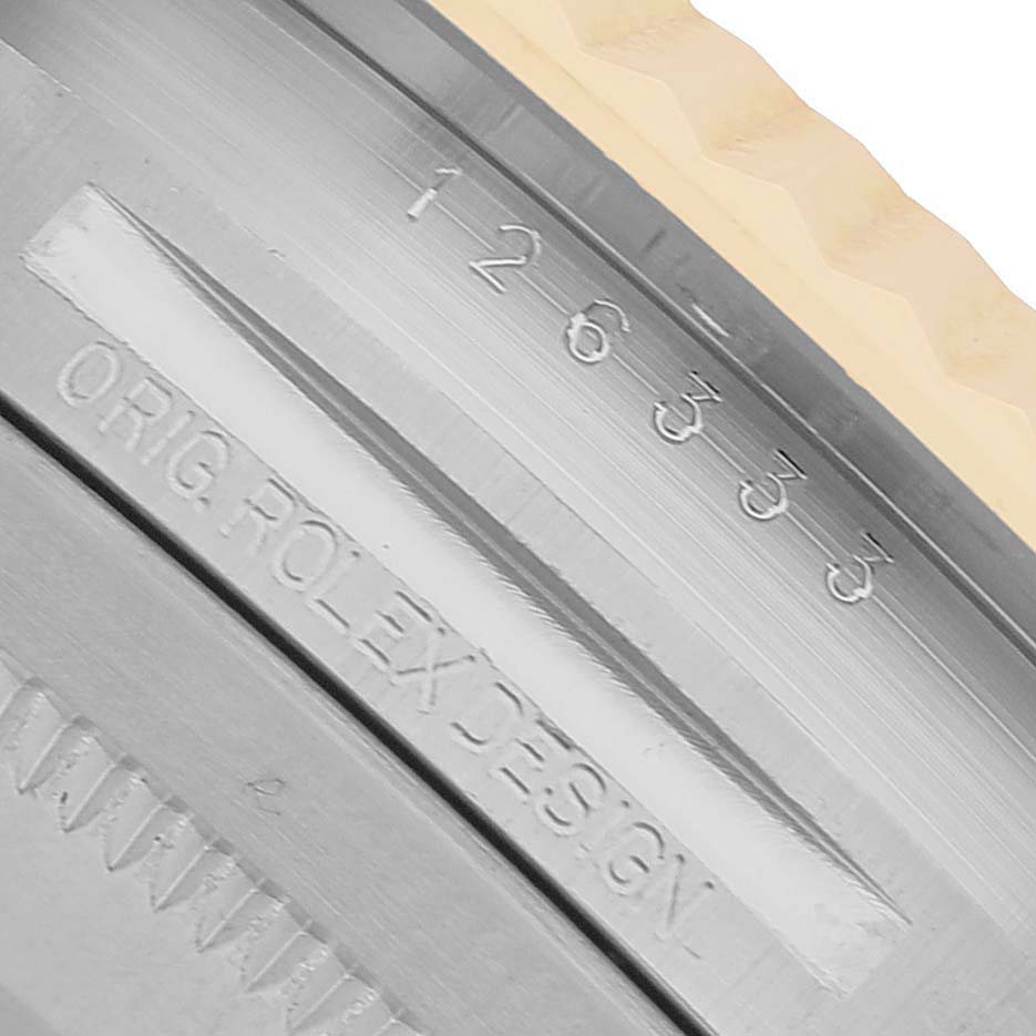 The image shows a close-up of the Rolex Datejust 41 126333 Men's Steel and Gold (two tone) Silver Dial's case side, highlighting the model number and "Orig Rolex Design" engraving.