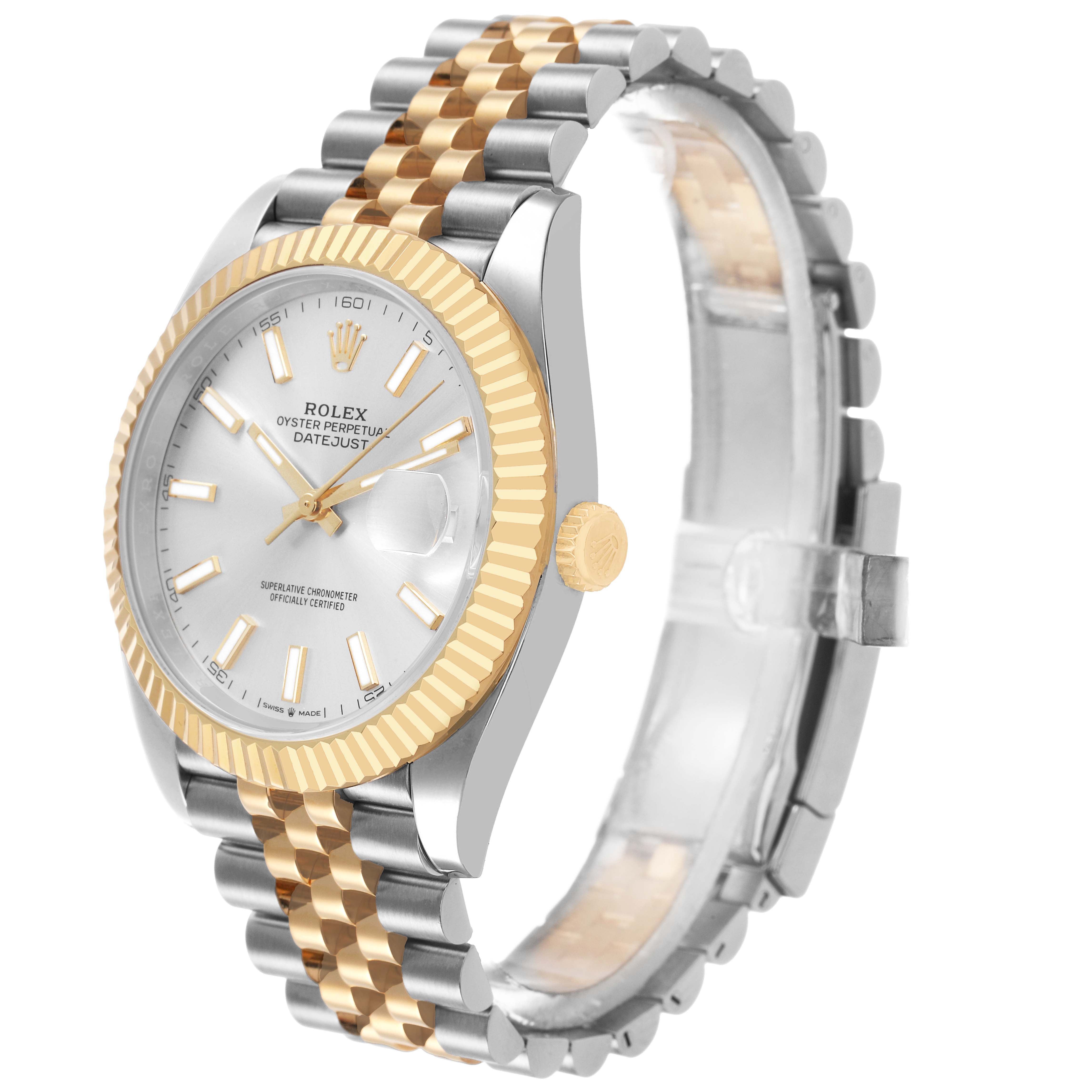 The image shows a Rolex Datejust 41 126333 Men's Steel and Gold (two tone) Silver Dial from a three-quarter angle, highlighting its bezel, dial, crown, and two-tone bracelet.