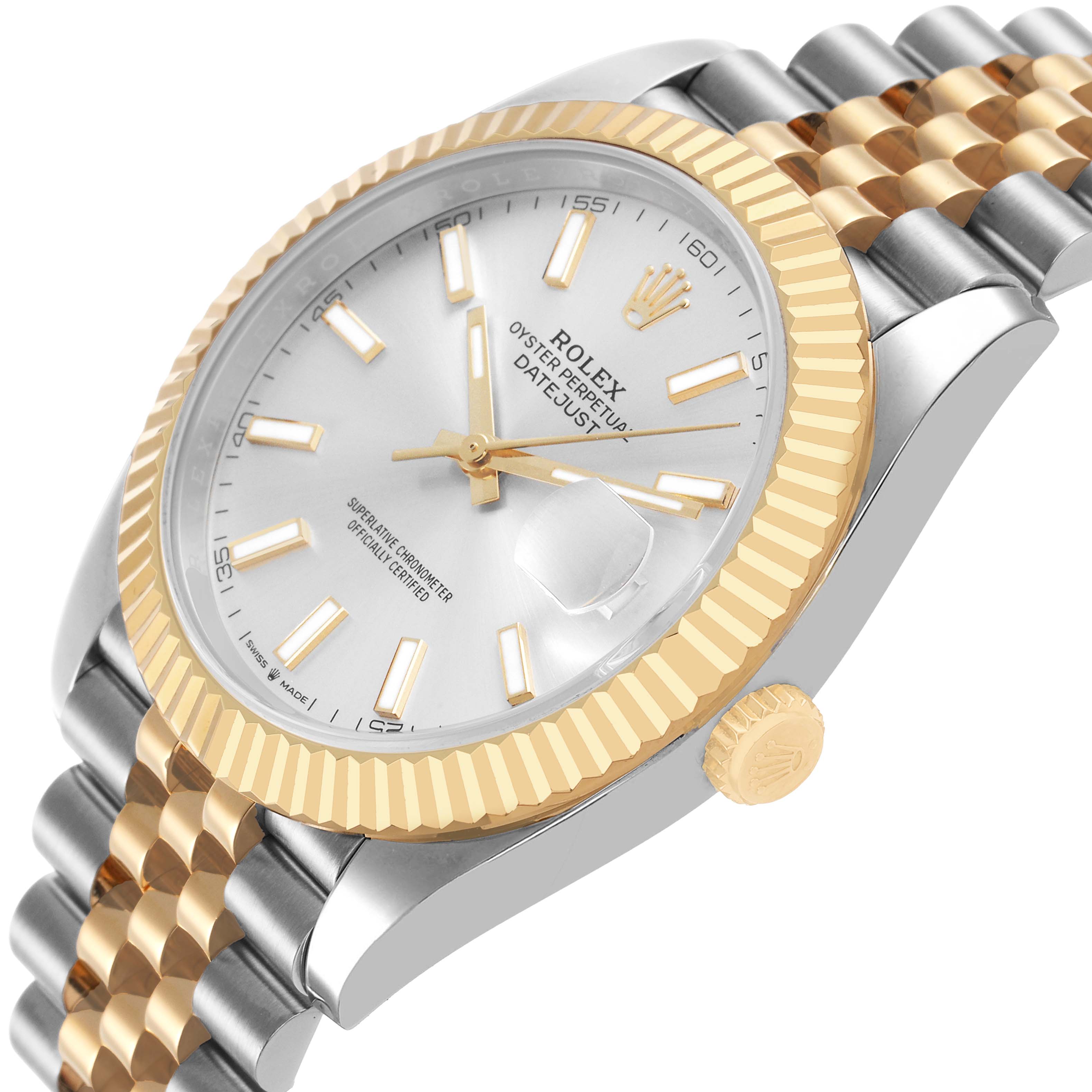 The Rolex Datejust 41 126333 Men's Steel and Gold (two tone) Silver Dial is shown at an angled side view, highlighting the bezel, crown, dial, and bracelet.