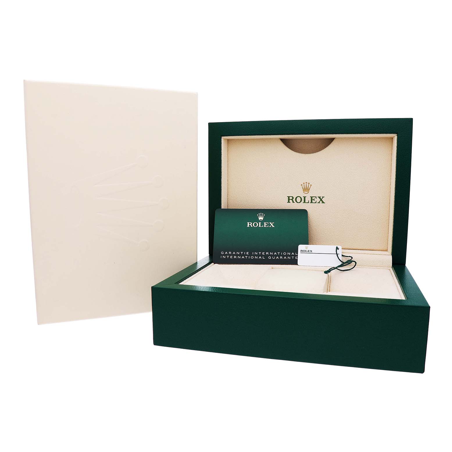 The image shows the open packaging and accessories for a Rolex Datejust 41 126333 Men's Steel and Gold (two tone) Silver Dial, including a green box, guarantee card, and tag.