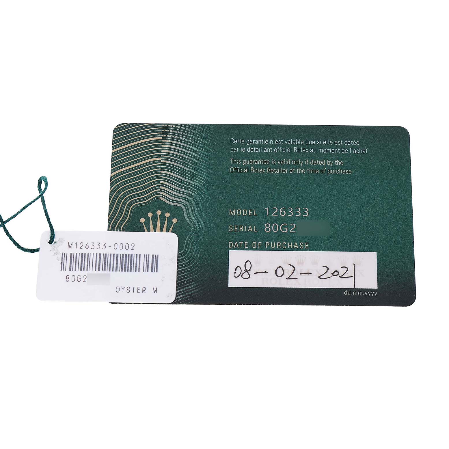 The image shows the official warranty card and tag for a Rolex Datejust 41 126333 Men's Steel and Gold (two tone) Silver Dial, model 126333.