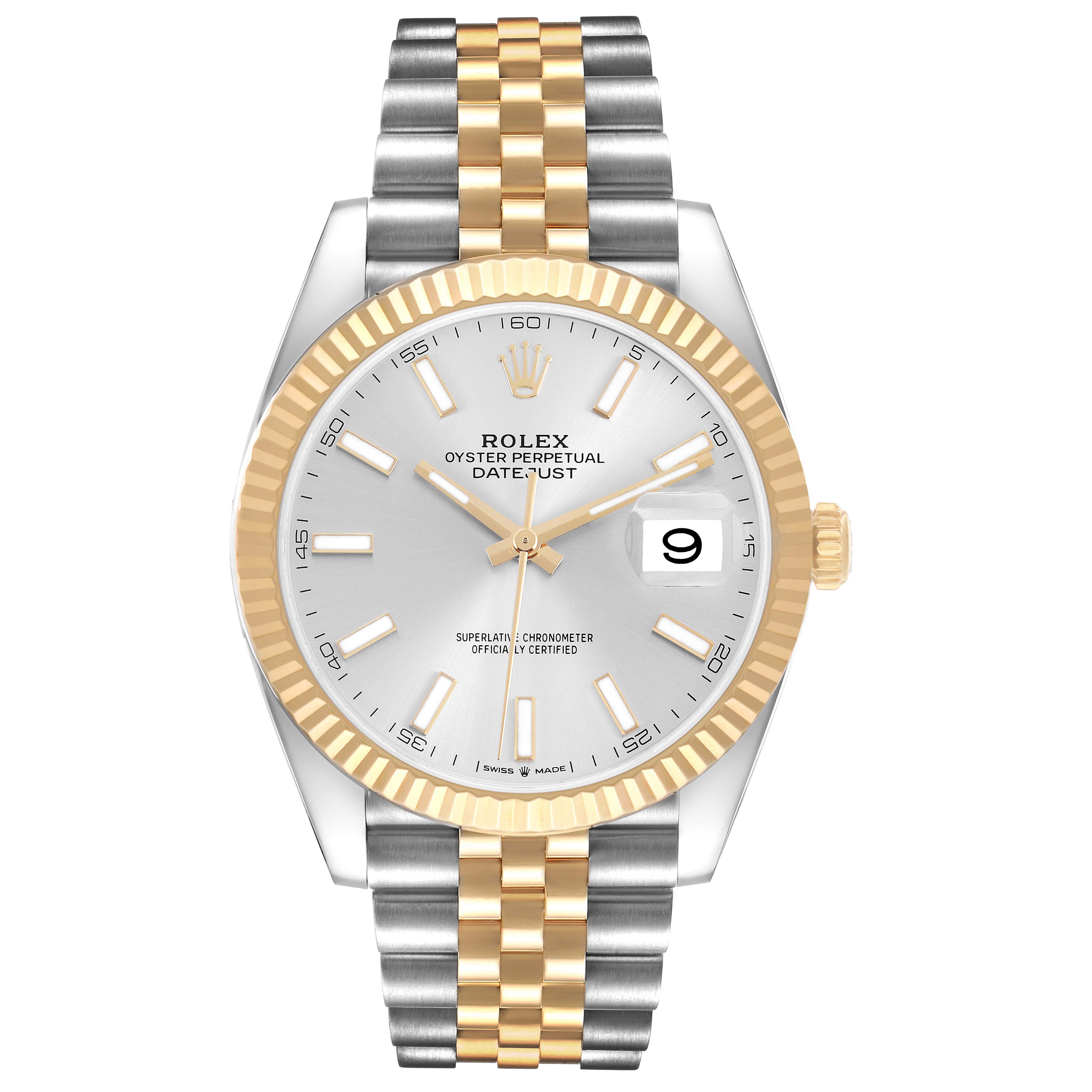 The Rolex Datejust 41 126333 Men's Steel and Gold (two tone) Silver Dial watch is shown from the front, displaying its dial, two-tone bracelet, and fluted bezel.
